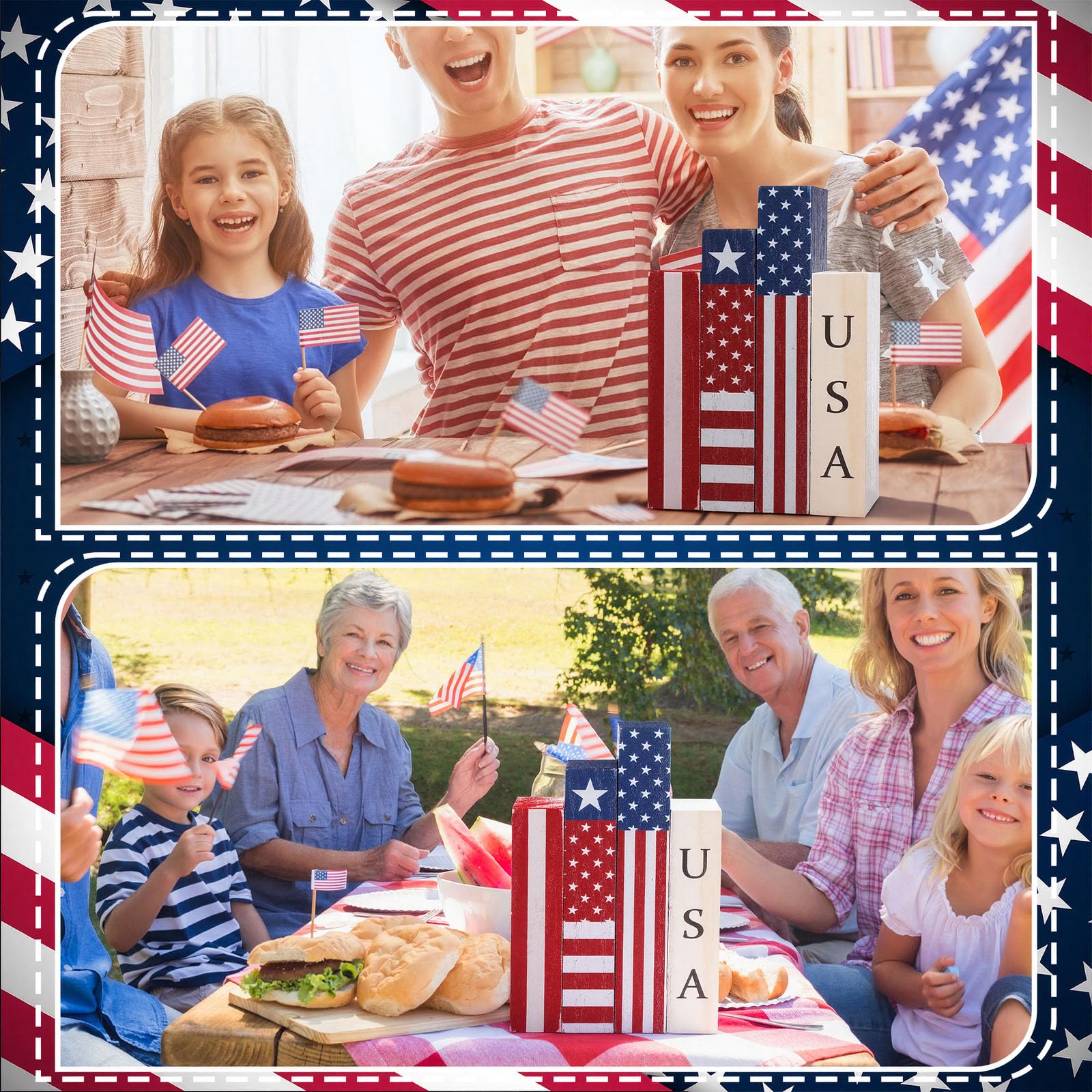 Amyhill 3 Pcs 4th of July Decorations Set Wooden Patriotic Table Centerpieces Independence Day Wood Firework Fourth of July Table Signs for 250th Anniversary Home Farmhouse Decor (Flag)