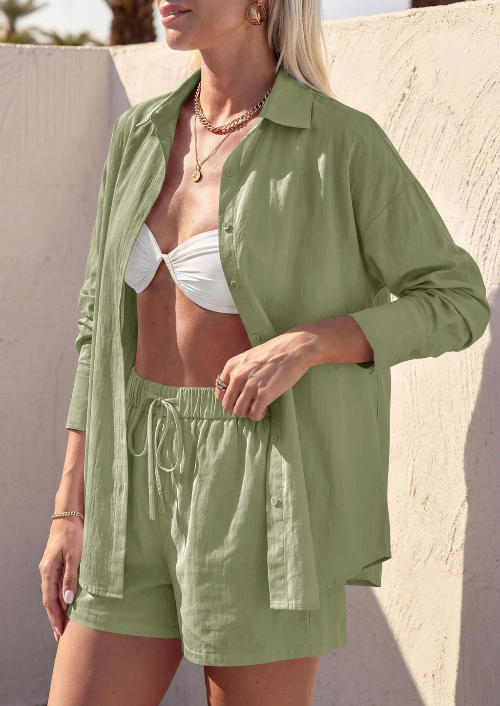 PRETTYGARDEN Women's Summer 2 Piece Matching Lounge Sets Pajamas Long Sleeve Shirts Blouse Pockets Shorts 2026 Spring Outfits