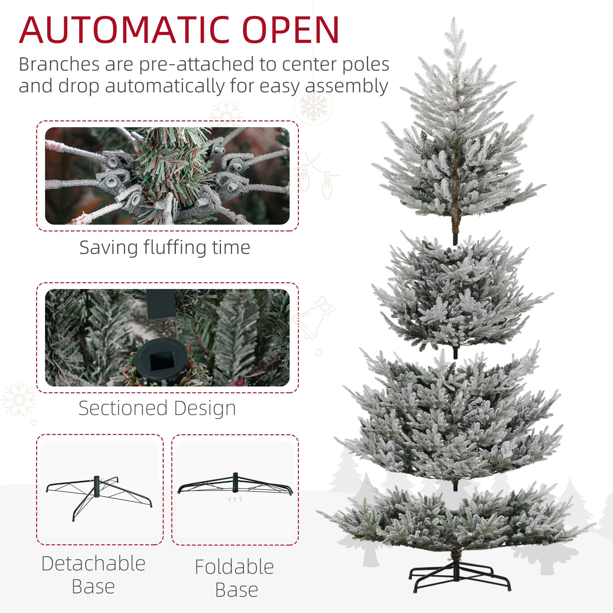 HOMCOM 7.5 Foot Artificial Christmas Tree, Nordic Pine Hinged Xmas Tree with 1218 Realistic Branches, Wide Steel Base, Auto Open, Green