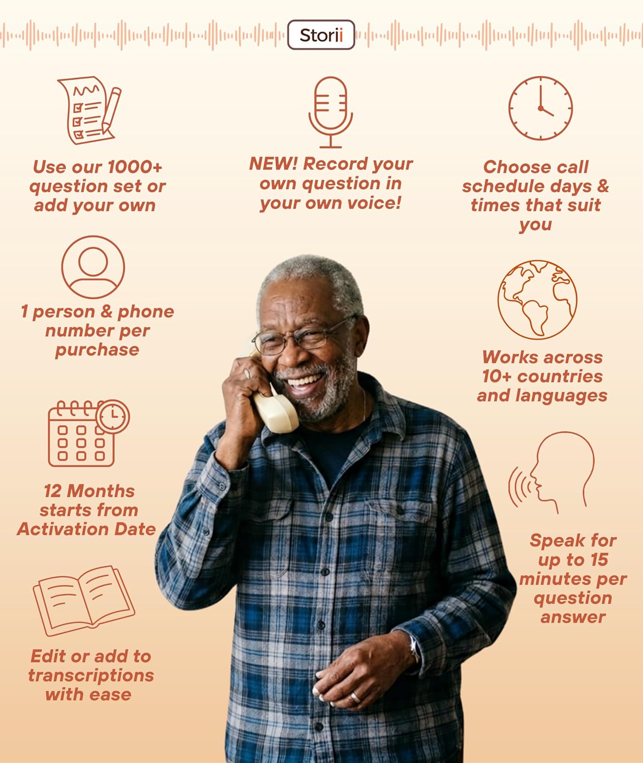 Storii - Record Your Life Story: Guided Voice Journal & Audio Memoir - A Unique Way to Share Your Story - 12 Months of Call Prompts & Automatic Transcription - Gift for Mom, Dad, Grandma & Grandpa