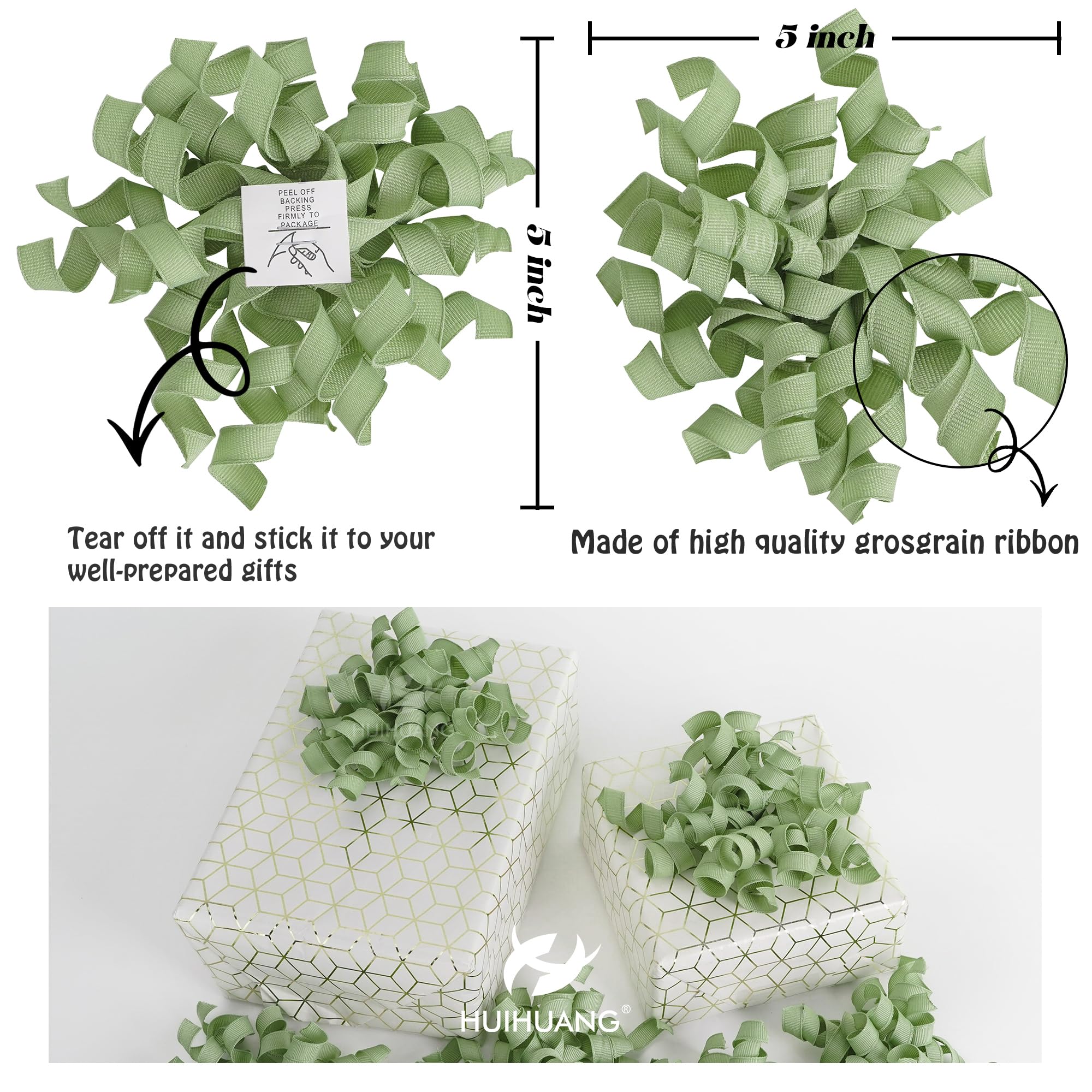 HUIHUANG Green Curly Gift Bows Self Adhesive Sage Green Burst Gift Bow for Gift Wrapping, Birthday, Wedding Baby Shower Party Favors, Wine Bottle, Treat Bags- 6 Counts