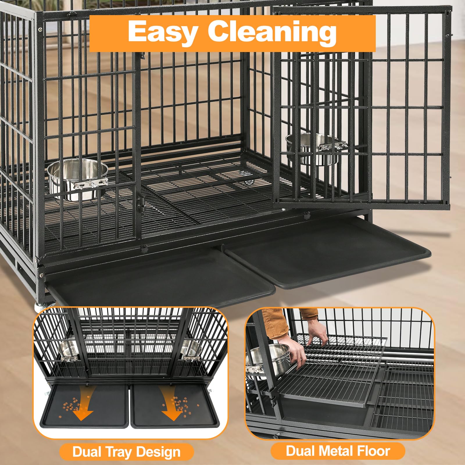 Homey Pet 37 Inch Heavy Duty Dog Crate for Medium Dogs, Stackable Dog Cage with Four Lockable Wheels, Removable Tray & Grid, Open Top, Escape Proof Dog Kennel Indoor