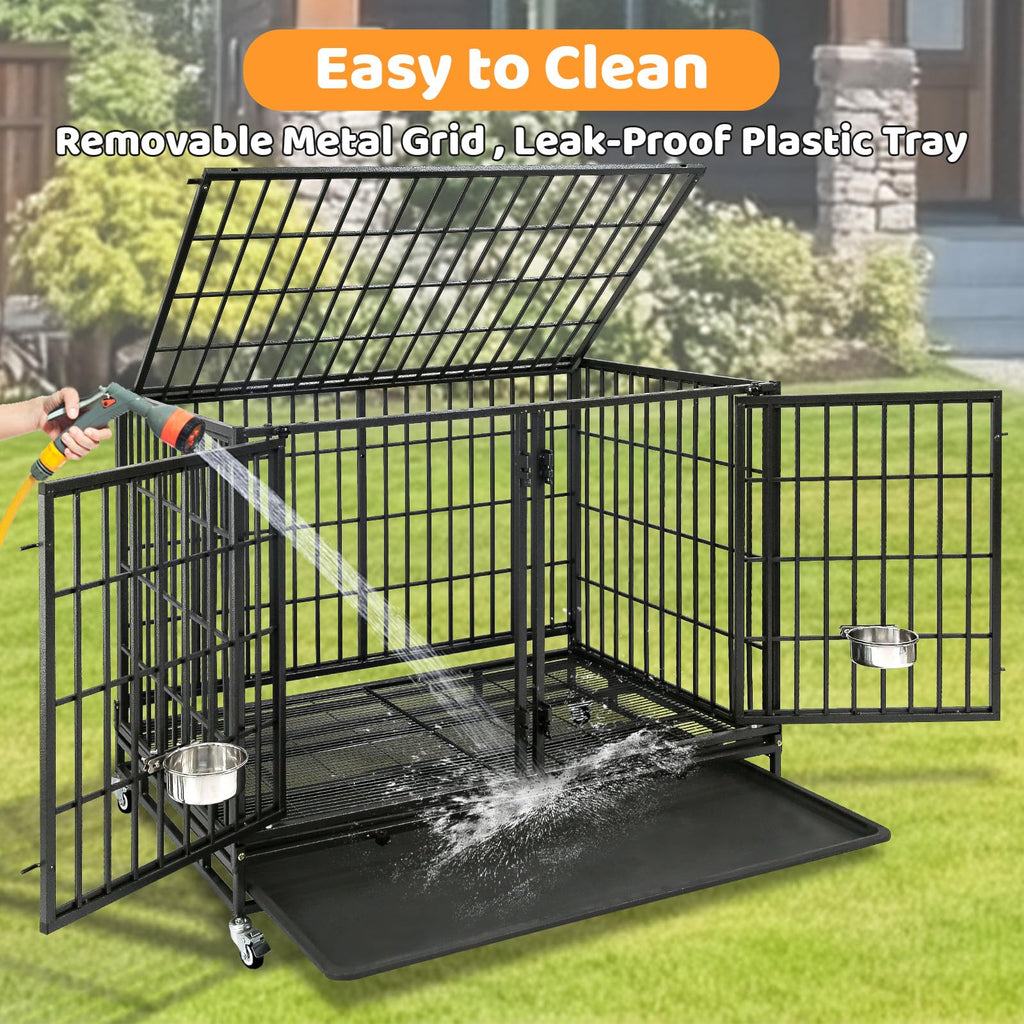 Homey Pet 37 Inch Heavy Duty Dog Crate for Medium Dogs, Stackable Dog Cage with Four Lockable Wheels, Removable Tray & Grid, Open Top, Escape Proof Dog Kennel Indoor