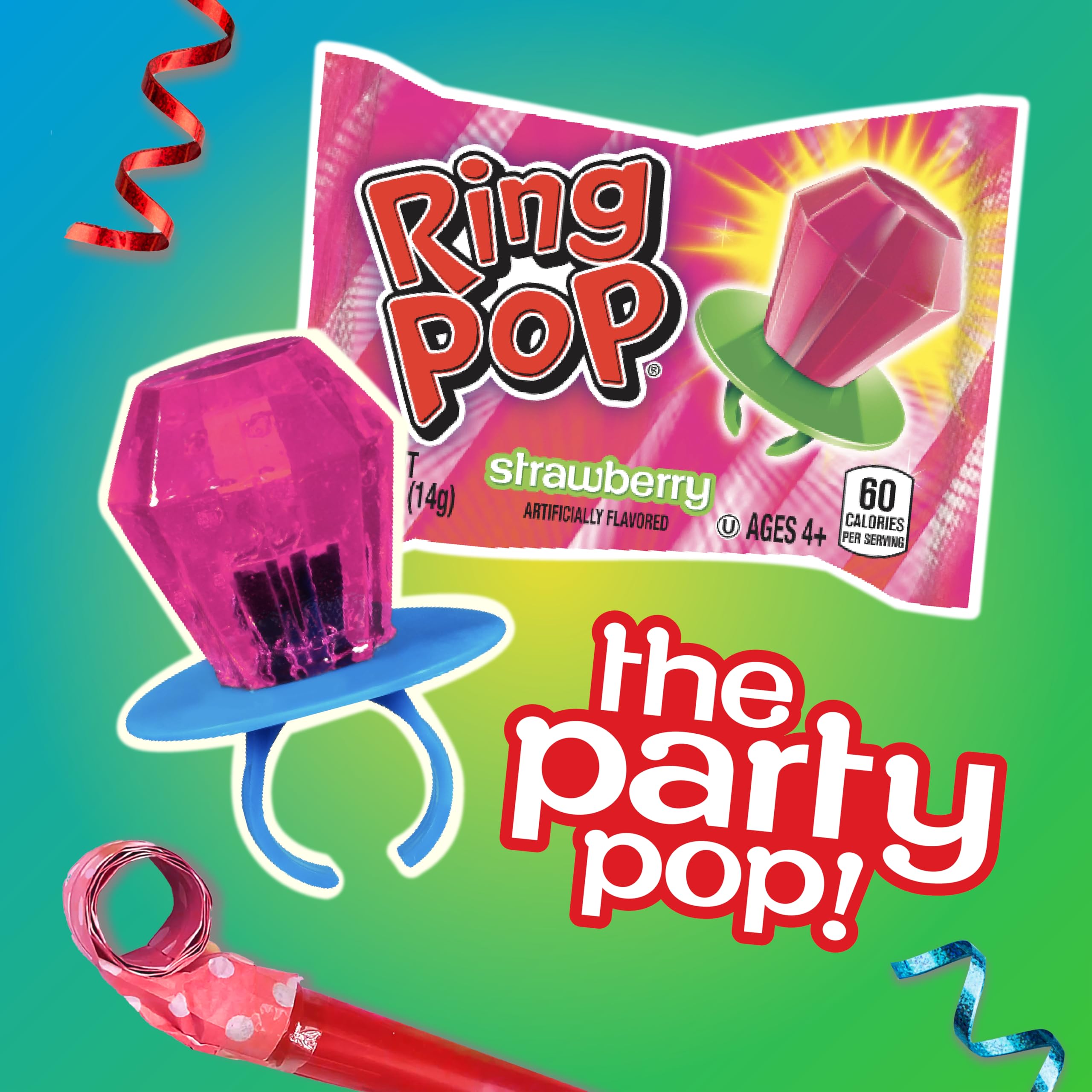 Ring Pop Lollipops - Bulk Candy Individually Wrapped Suckers Variety Party Pack- 50 Count w/Assorted Flavors - Hard Candy for Party Favors, Kids & Goodie Bags, 25 Ounce