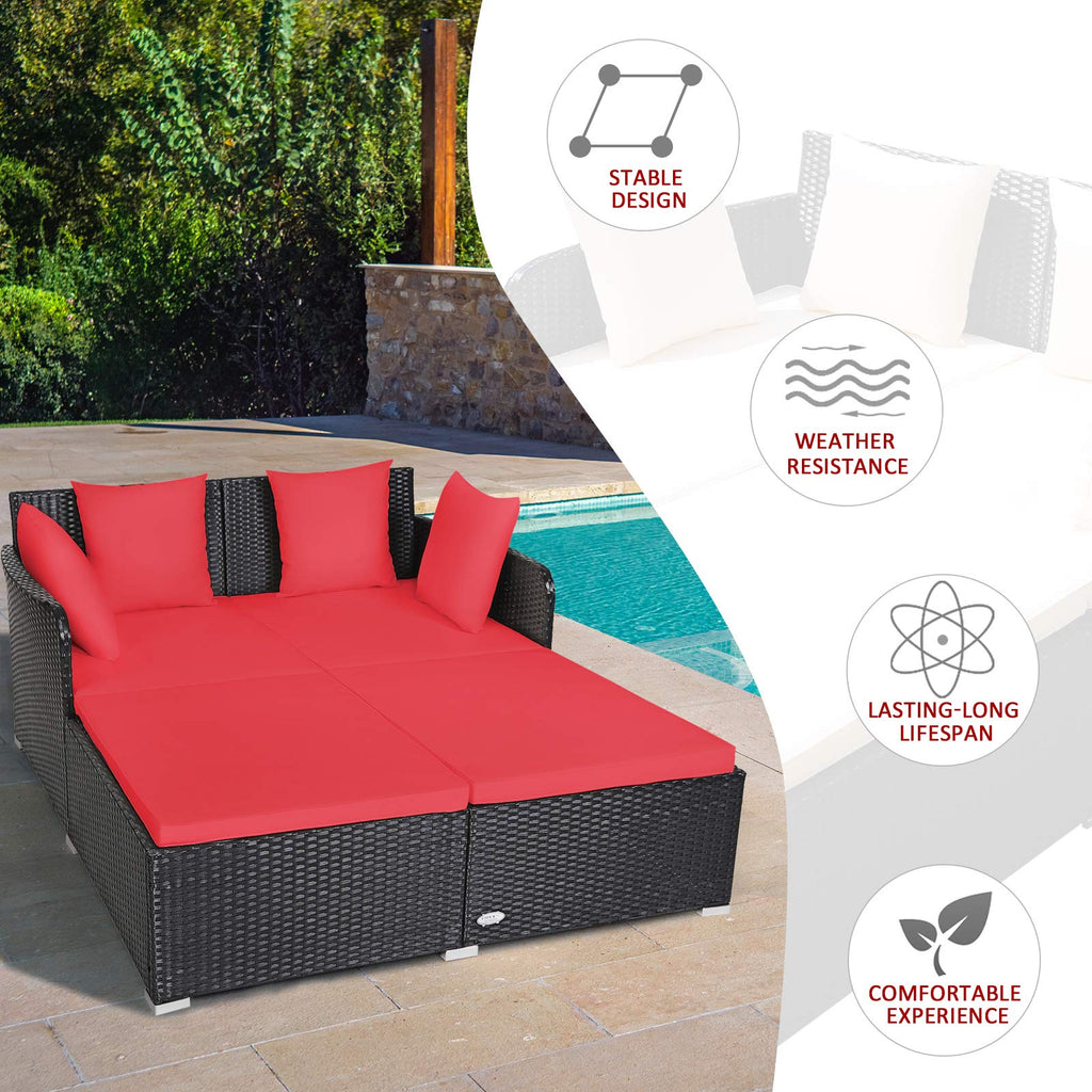 Tangkula Patio Rattan Daybed with Retractable Canopy, Outdoor Wicker Sunbed Lounger with 2 Foldable Side Tables, Thick Seat & Back Cushions, Outside Double Daybed for Garden, Backyard, Porch