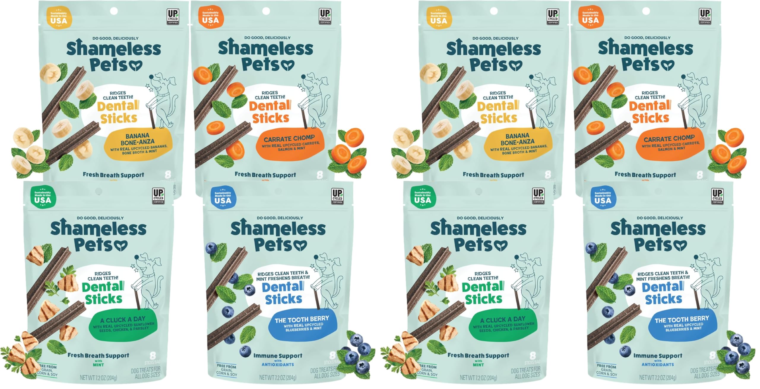 Shameless Pets Blueberry & Mint Dental Chews for Dogs, 8 Chews - Natural Dog Teeth Cleaning Treats with Fresh Breath Benefits | Grain-Free Dental Sticks for Small, Medium & Large Dogs