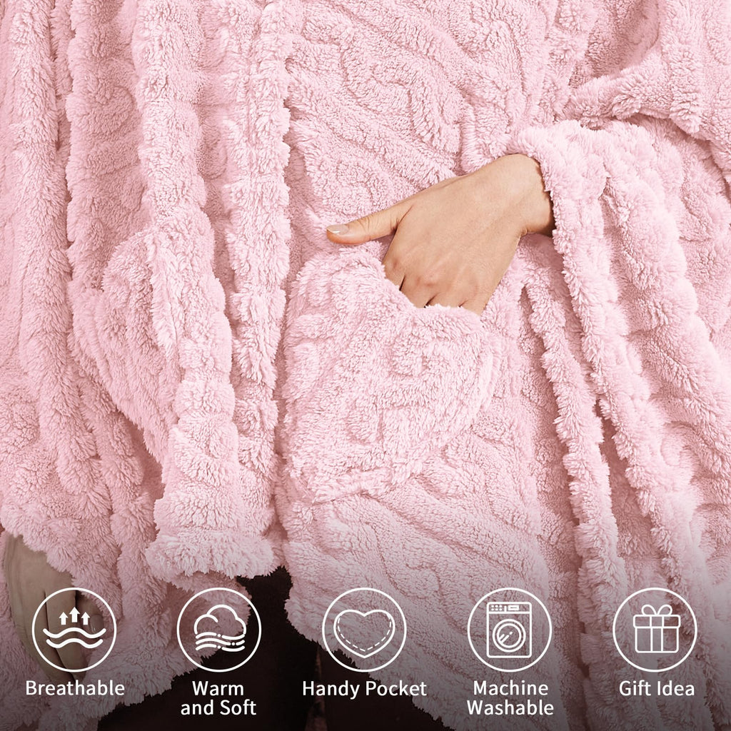 Wearable Blanket Poncho Cape Wrap for Adult, Cozy Sherpa Fleece Pocketed Shawl TV Throw Blankets for Office and Lounge(Caramel,58'' x 64'')