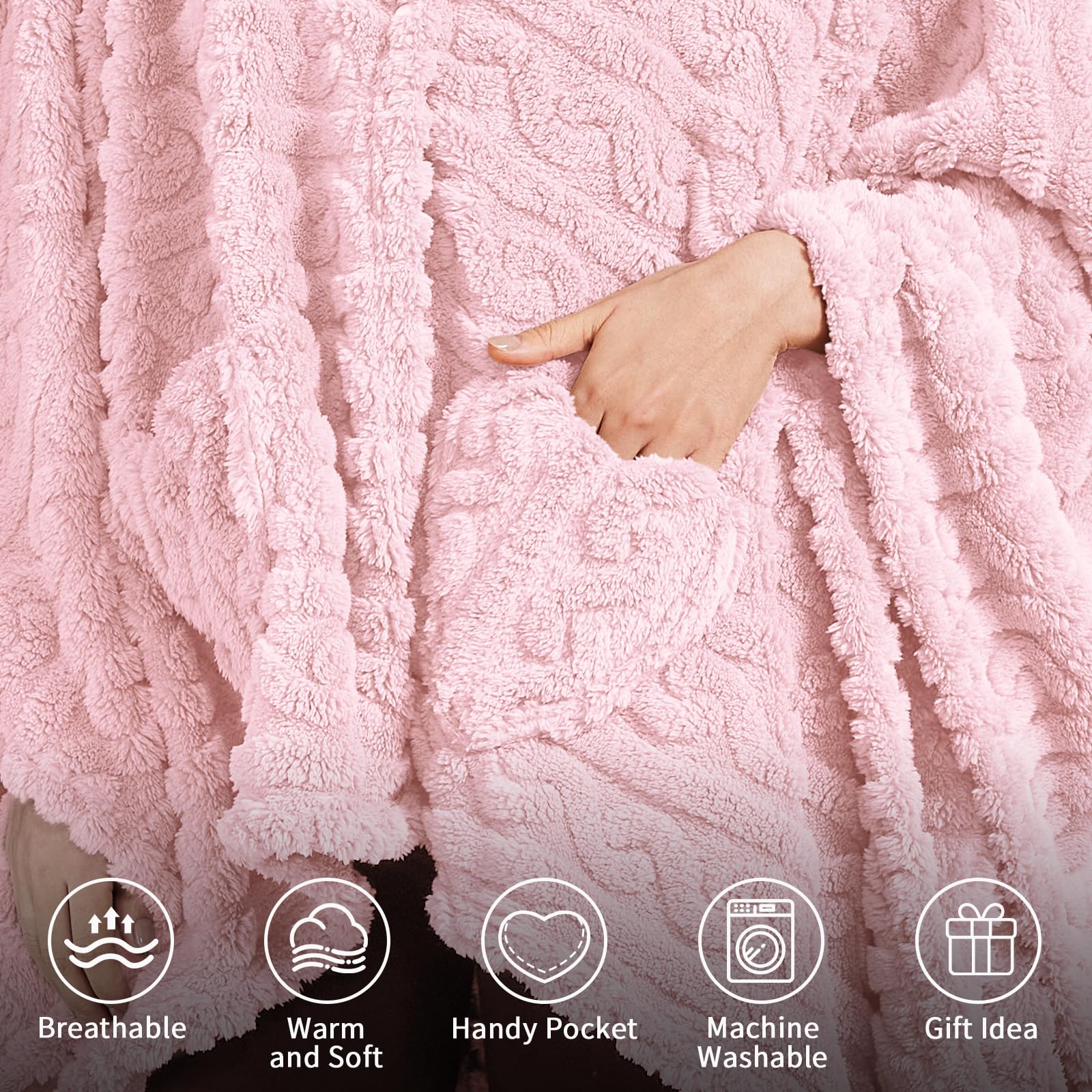 Wearable Blanket Poncho Cape Wrap for Adult, Cozy Sherpa Fleece Pocketed Shawl TV Throw Blankets for Office and Lounge(Caramel,58'' x 64'')