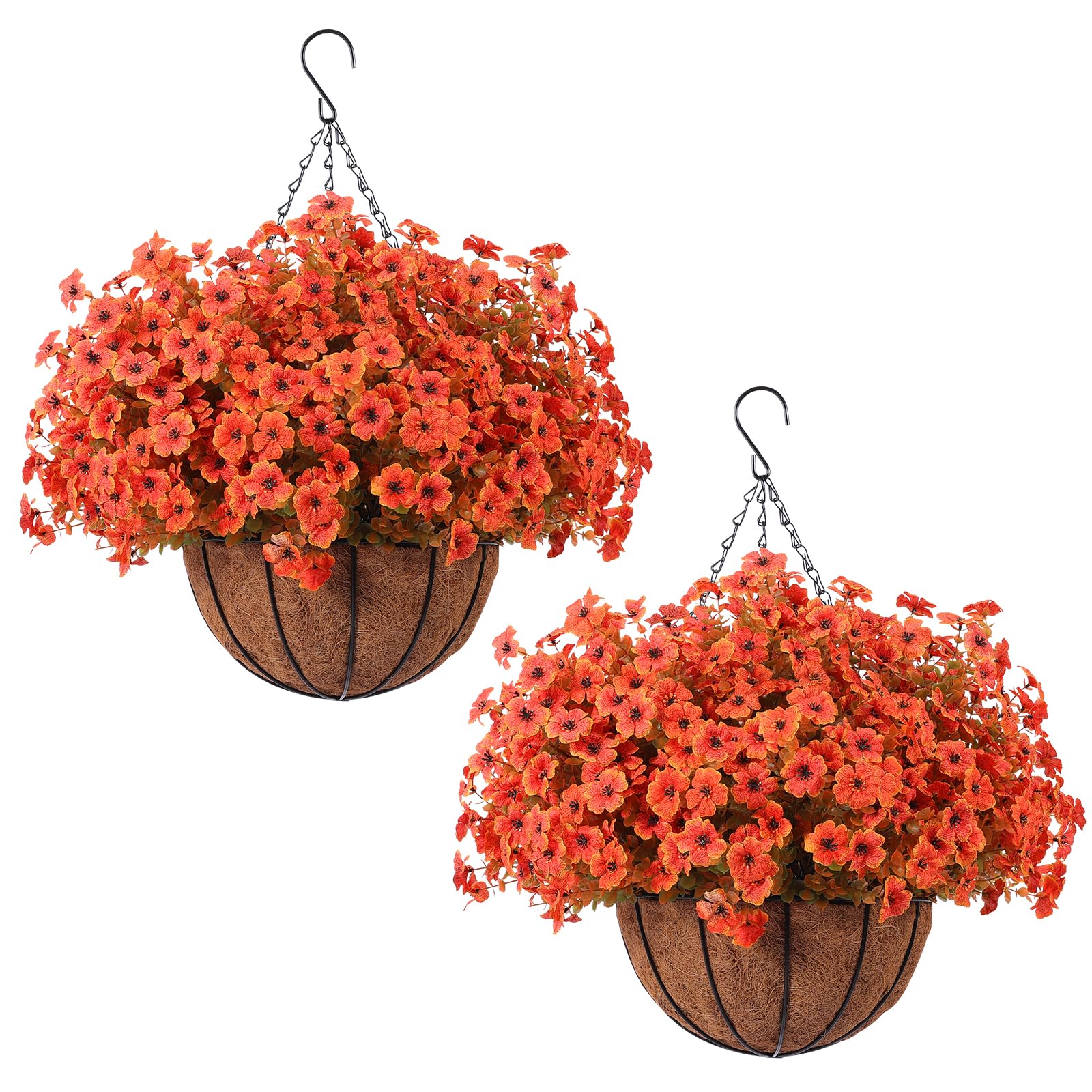 Hananona 24 Pcs Artficial Outdoor Flowers with Hanging Baskets, Orange Fall mums 2 Pack Hanging Planter with Outdoor Fall Flowers for Autumn Porch Garden and Home Patio Yard Decor (2, Orange)