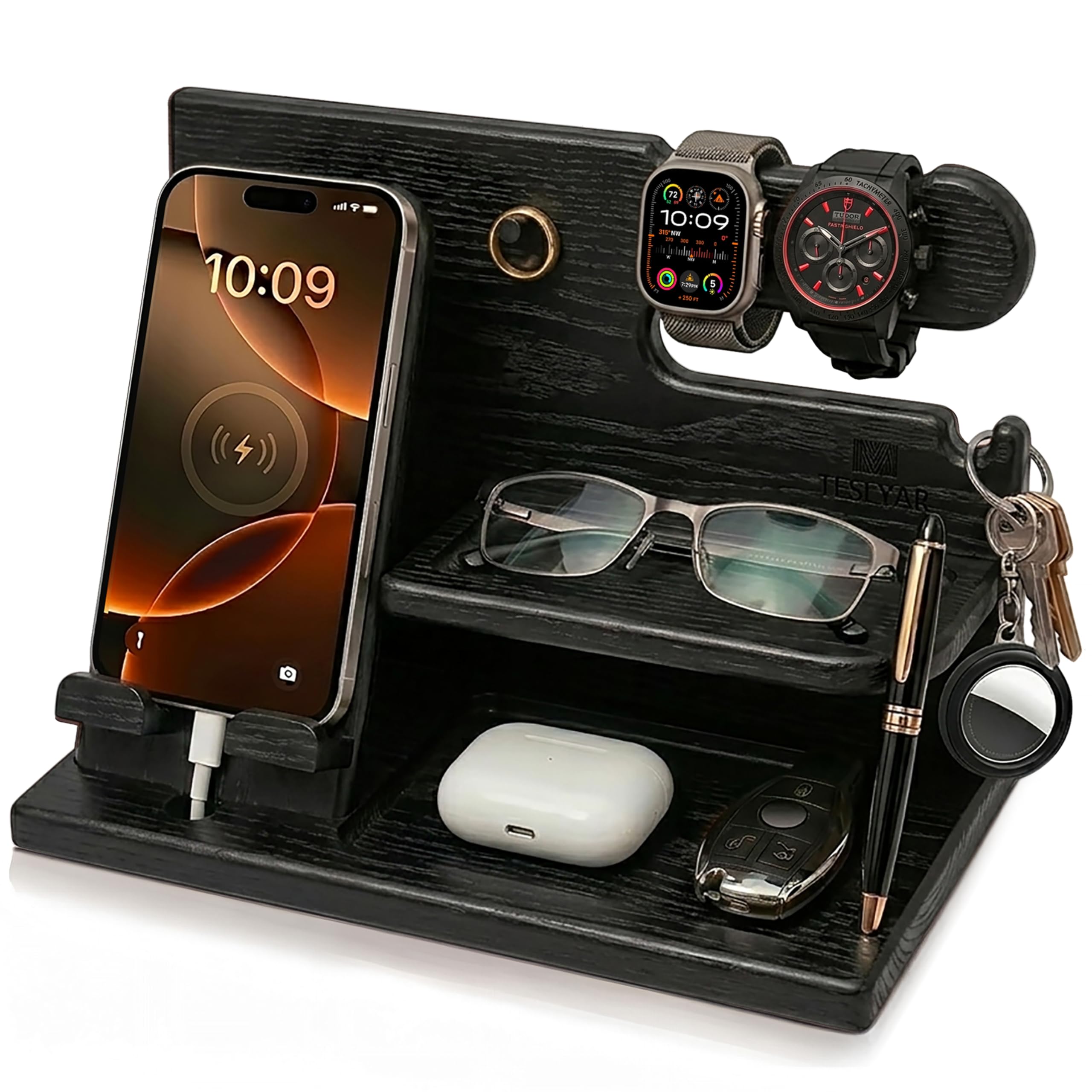 TESLYAR Wood Phone Docking Station for Men - Desk or Nightstand Organizer - Birthday Gifts for Husband, Dad - Anniversary Idea from Wife - Key Holder, Stand Wallet, Watch & Essentials (Bourbon Brown)