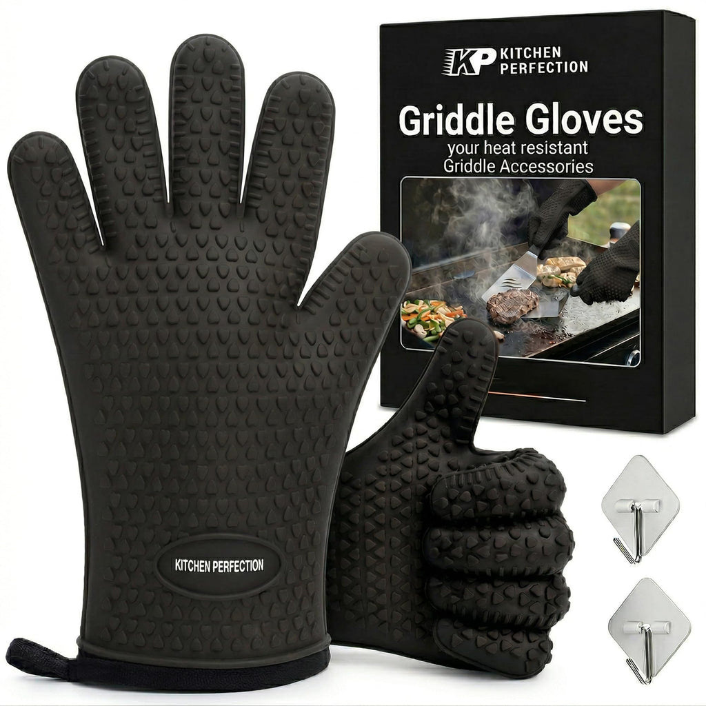 KITCHEN PERFECTION Silicone Oven & Griddle Gloves -Extreme Heat Resistant BBQ & Grilling Gloves -Handle Hot Food Right on Your Griddle |Waterproof Oven Mitts Grill Gloves |Superior Set+3 Bonuses