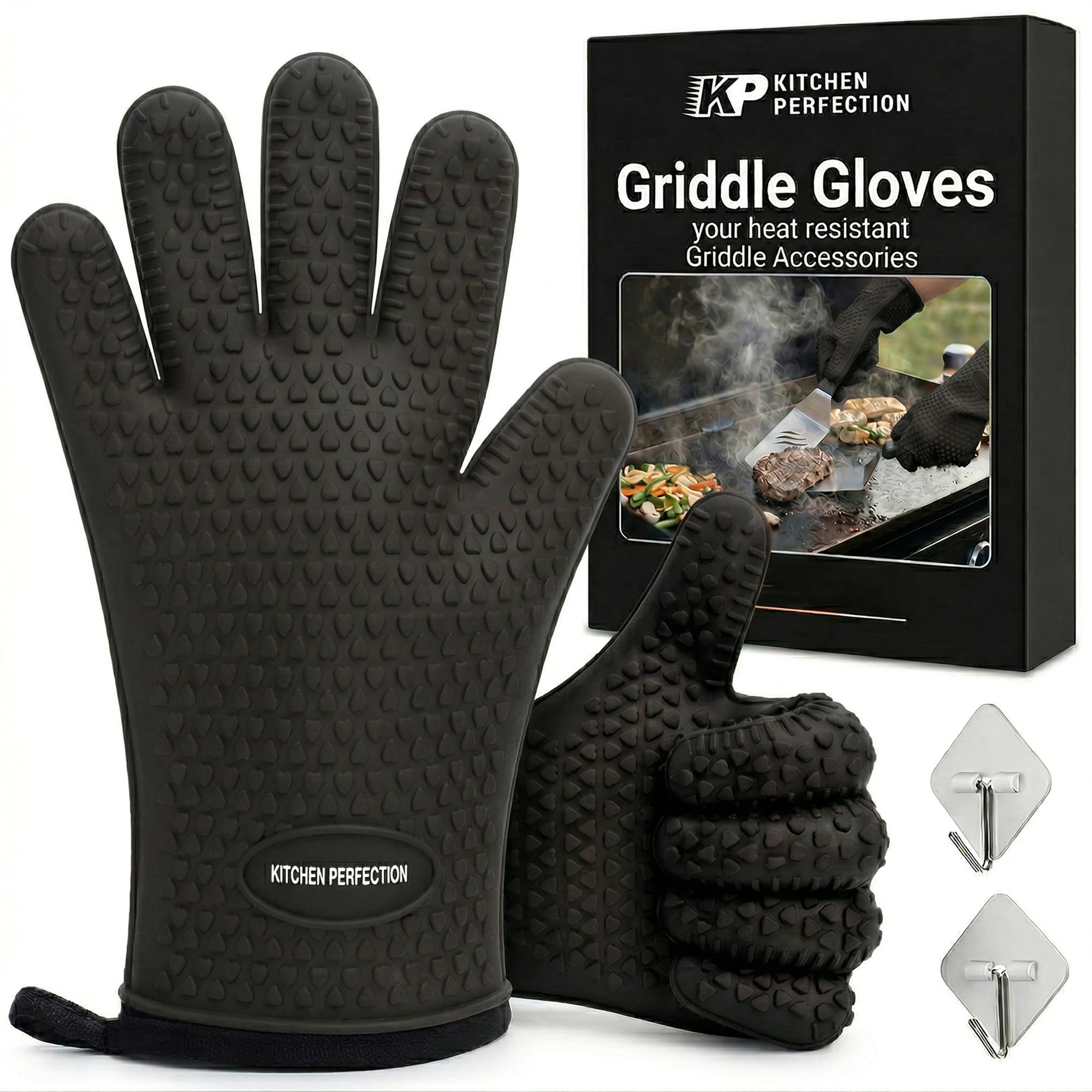 KITCHEN PERFECTION Silicone Oven & Griddle Gloves -Extreme Heat Resistant BBQ & Grilling Gloves -Handle Hot Food Right on Your Griddle |Waterproof Oven Mitts Grill Gloves |Superior Set+3 Bonuses