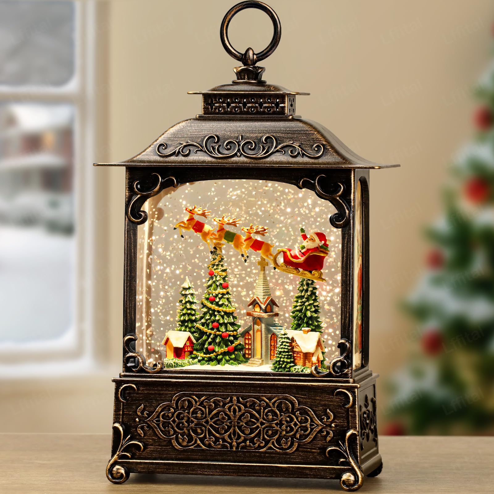 Snowman Christmas Snow Globe Lantern, Lighted Christmas Decorations for Home Candle Shaped Snow Lantern with Music Timer Glittering, Home Decor Festival Gife, USB & Battery Operated