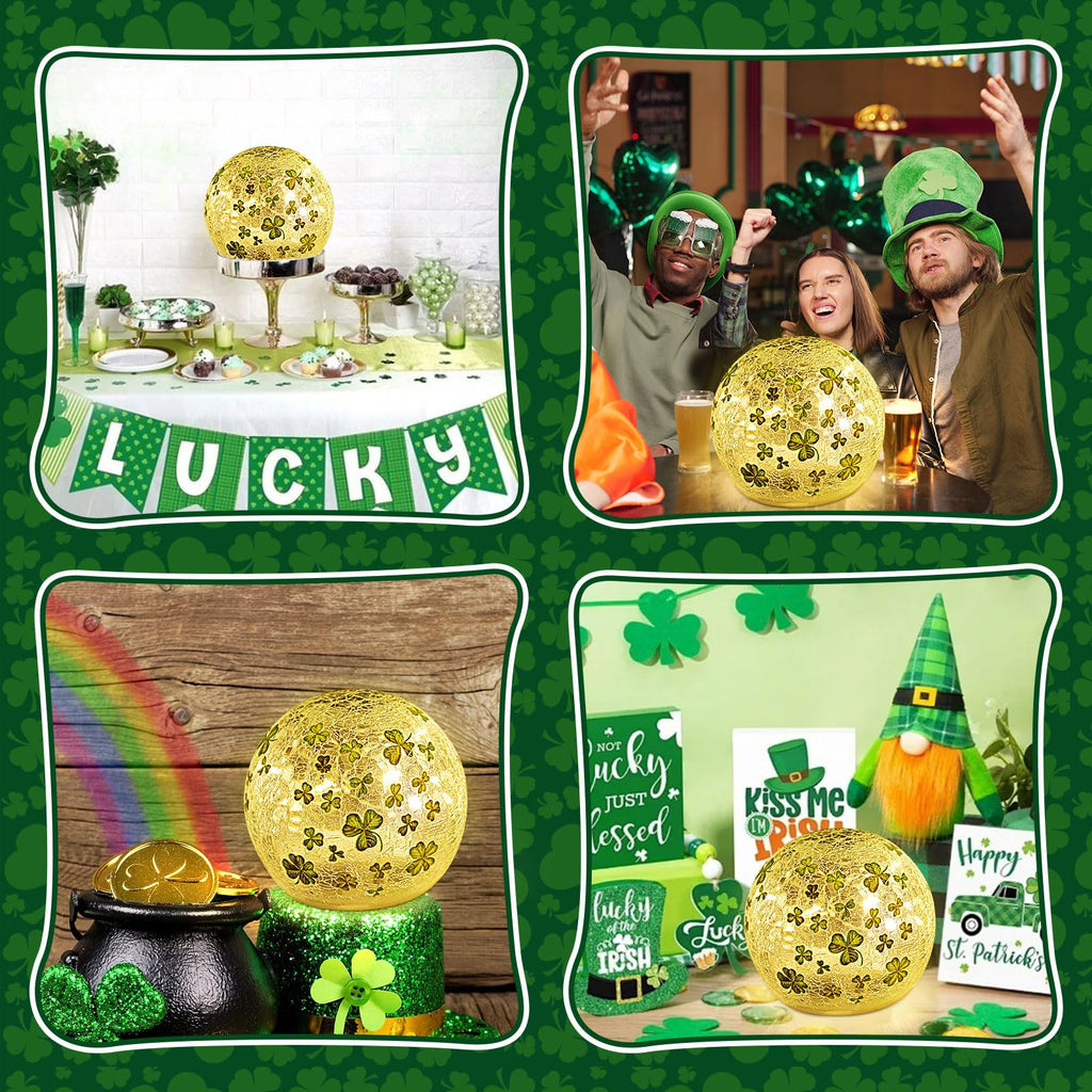 St Patricks Day Decorations Lights, Lighted Glass Ball Tabletop Irish Decor LED Night Light with Clover Pattern,Irish DIecorations for Home (2PCS3.93'')