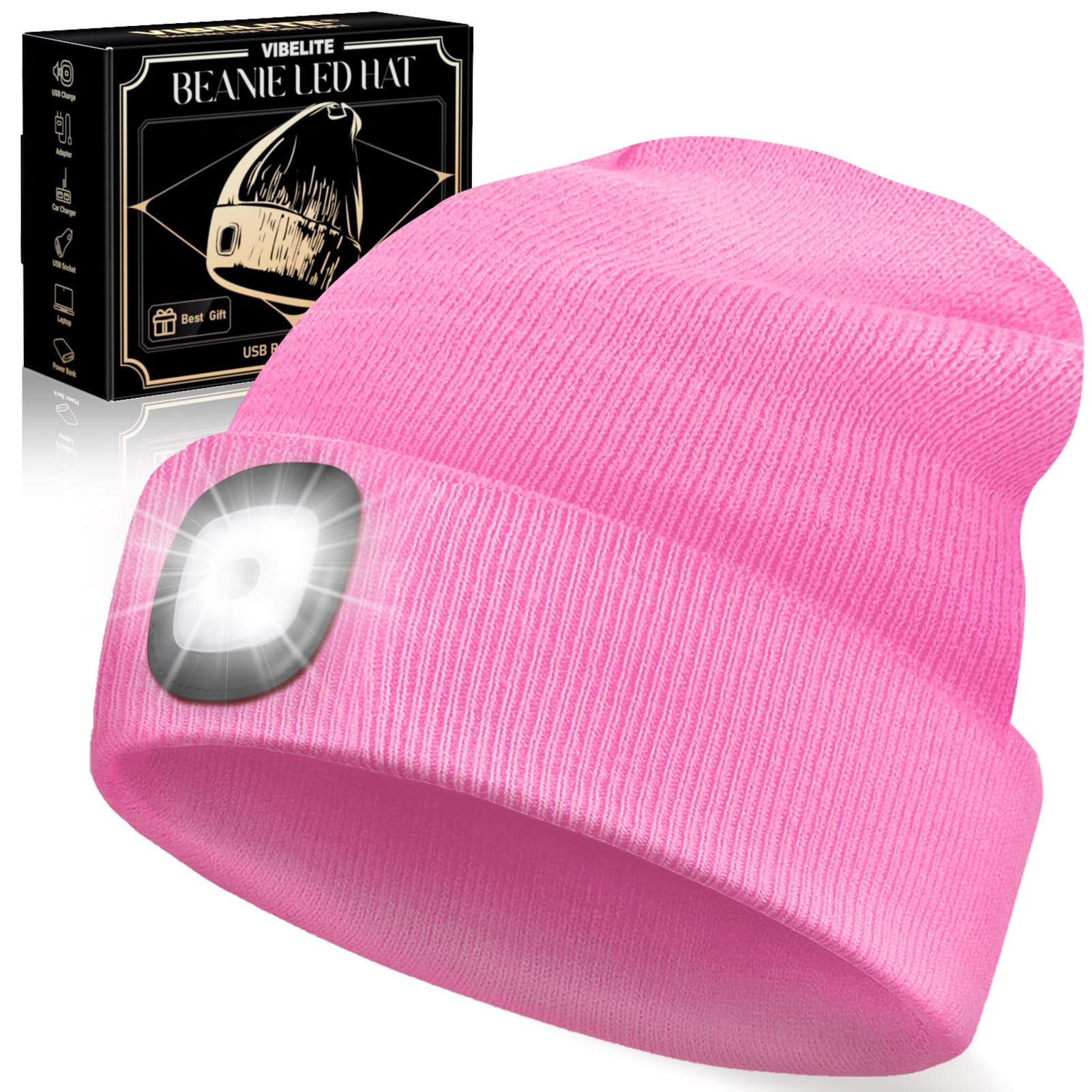 VIBELITE LED Beanie Hat with Light, USB Rechargeable LED Headlamp for Hiking, Camping, Fathers Day Gift for Dad, Husband, Birthday Gifts for Men, Women, Dad Gifts from Daughter, Wife, Black