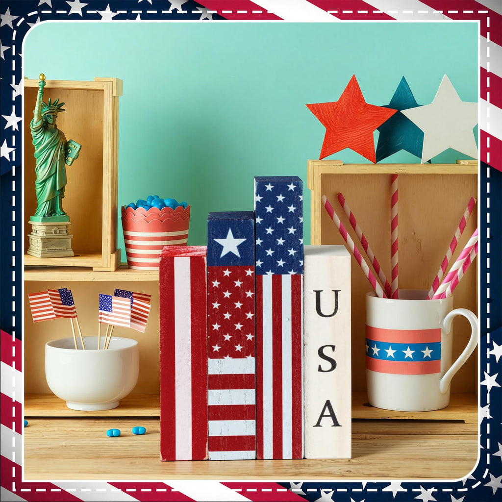 Amyhill 3 Pcs 4th of July Decorations Set Wooden Patriotic Table Centerpieces Independence Day Wood Firework Fourth of July Table Signs for 250th Anniversary Home Farmhouse Decor (Flag)