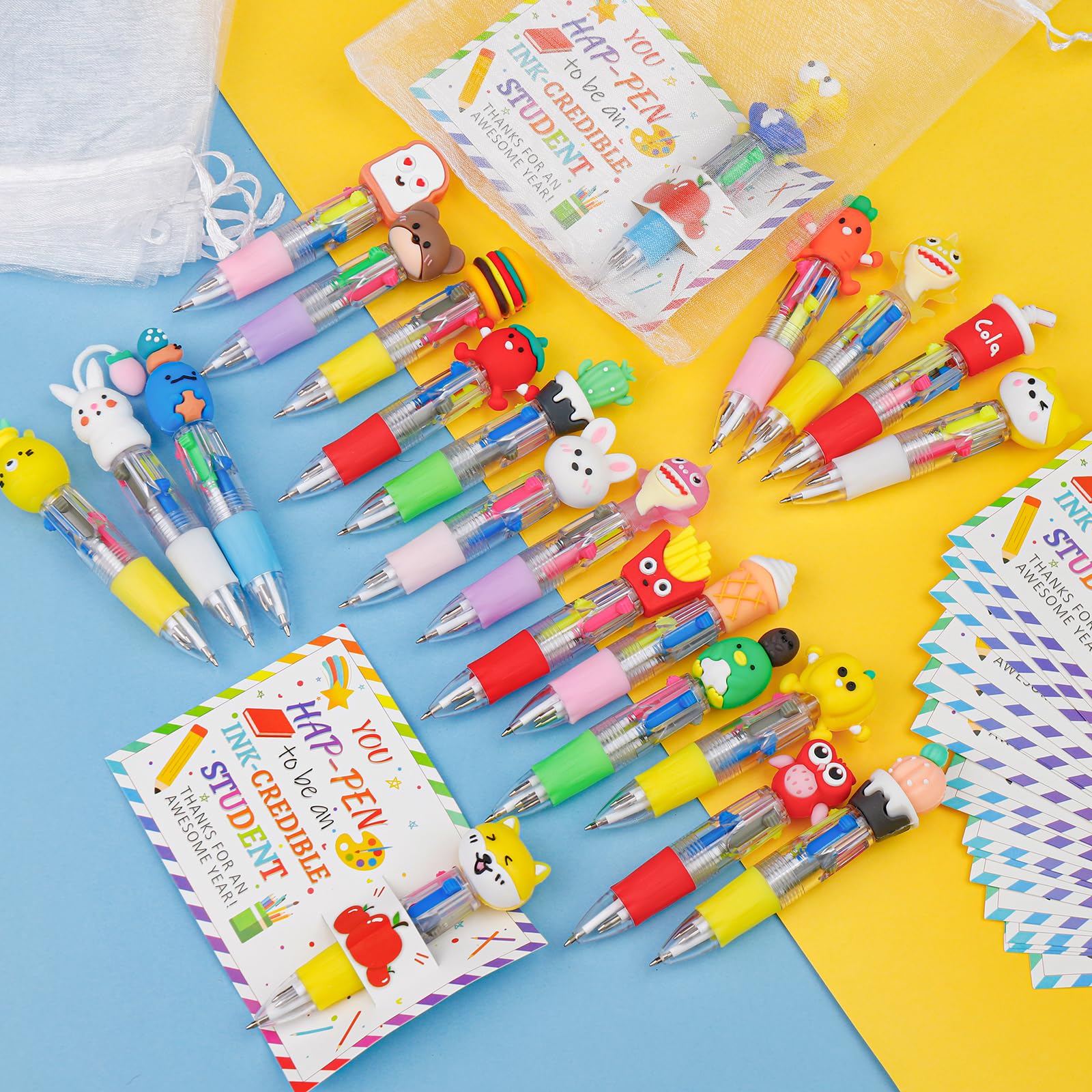 CZWZ 20Pcs Mini Multicolor Pens in One 4-in-1 Cute Pens Bulk for Kids, Fun Kawaii Ballpoint Pens for Birthdays and Children's Party Favors Gifts Teacher School Supplies