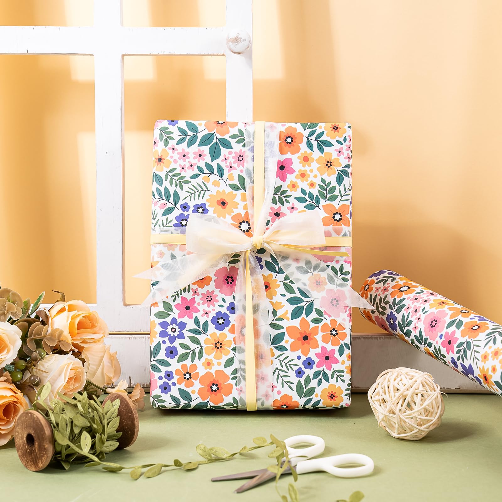 WRAPAHOLIC Kraft Floral Wrapping Paper Roll - Mini Roll - 17 Inch x 9.8 Feet - Spring Summer Garden Flower Design Perfect for Wedding, Bridal Shower, Birthday