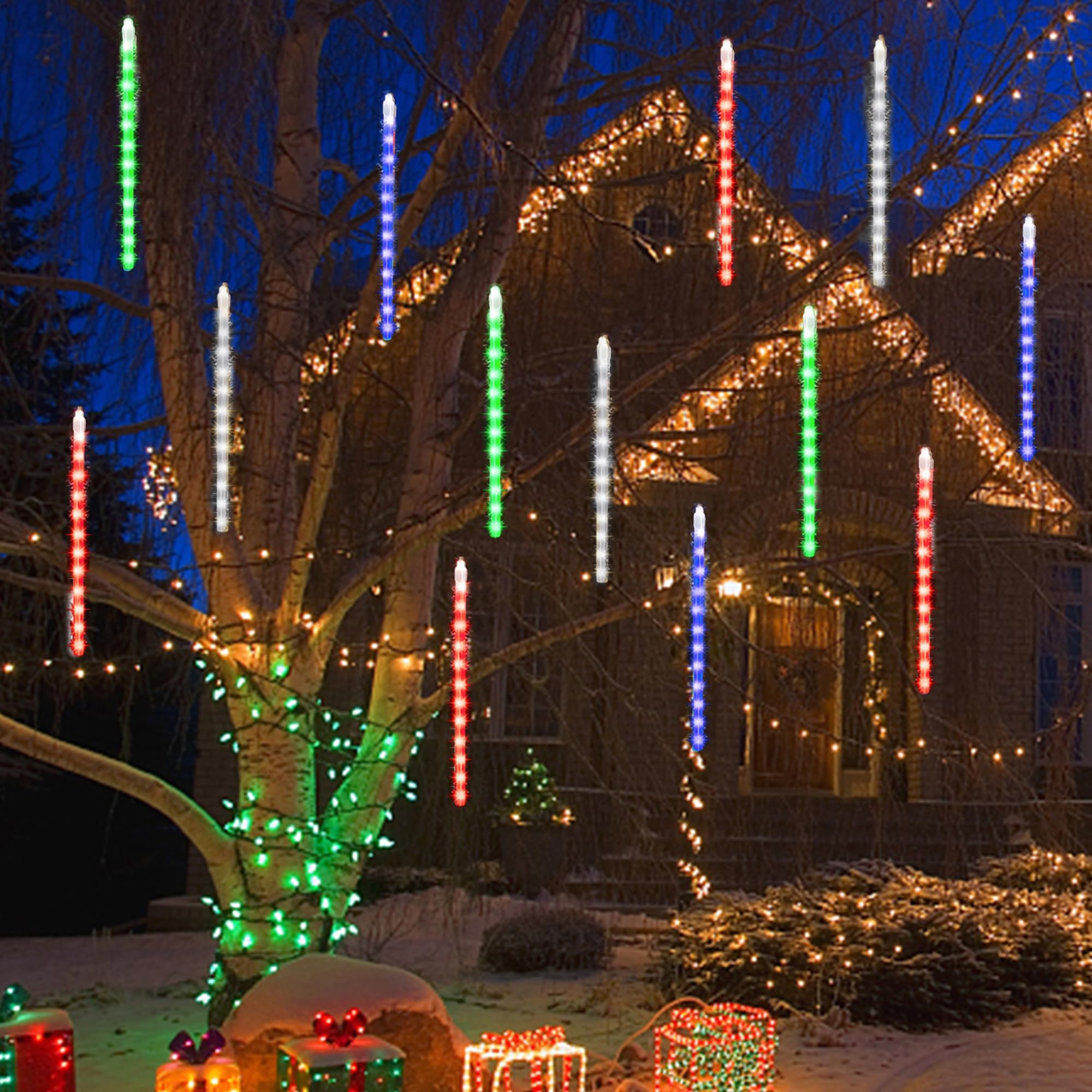 Meteor Outdoor Icicle Lights - 12 Inch, 288 LED, Snow Falling, Connectable, Red & Green, Xmas Wedding Party Tree Decor