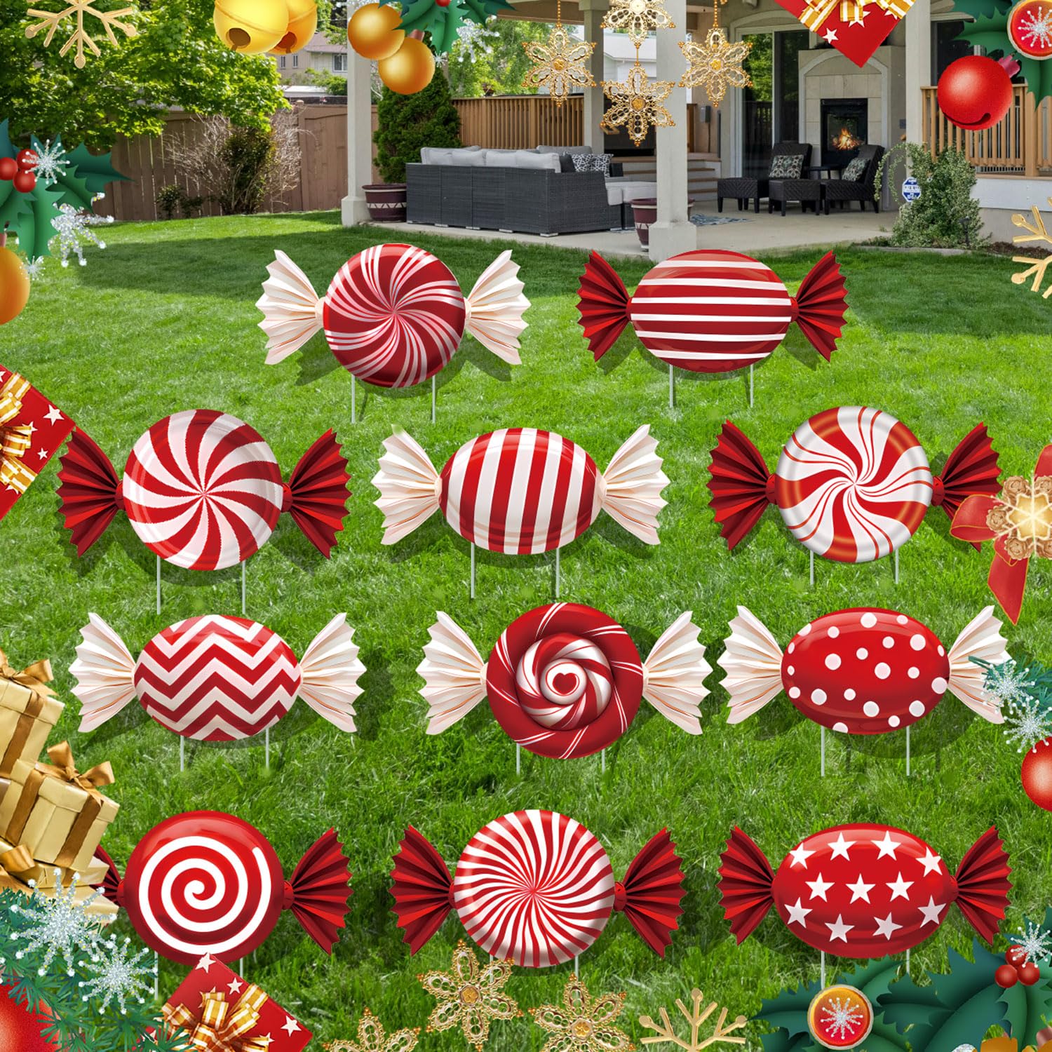 33" Christmas Decorations Outdoor Candy Christmas Decorations, 2ct Large Tall Outdoor Stake Signs 4 Interlocking PP Panels with H-Brackets Fiberglass Rods for Lawn Pathway Xmas Party