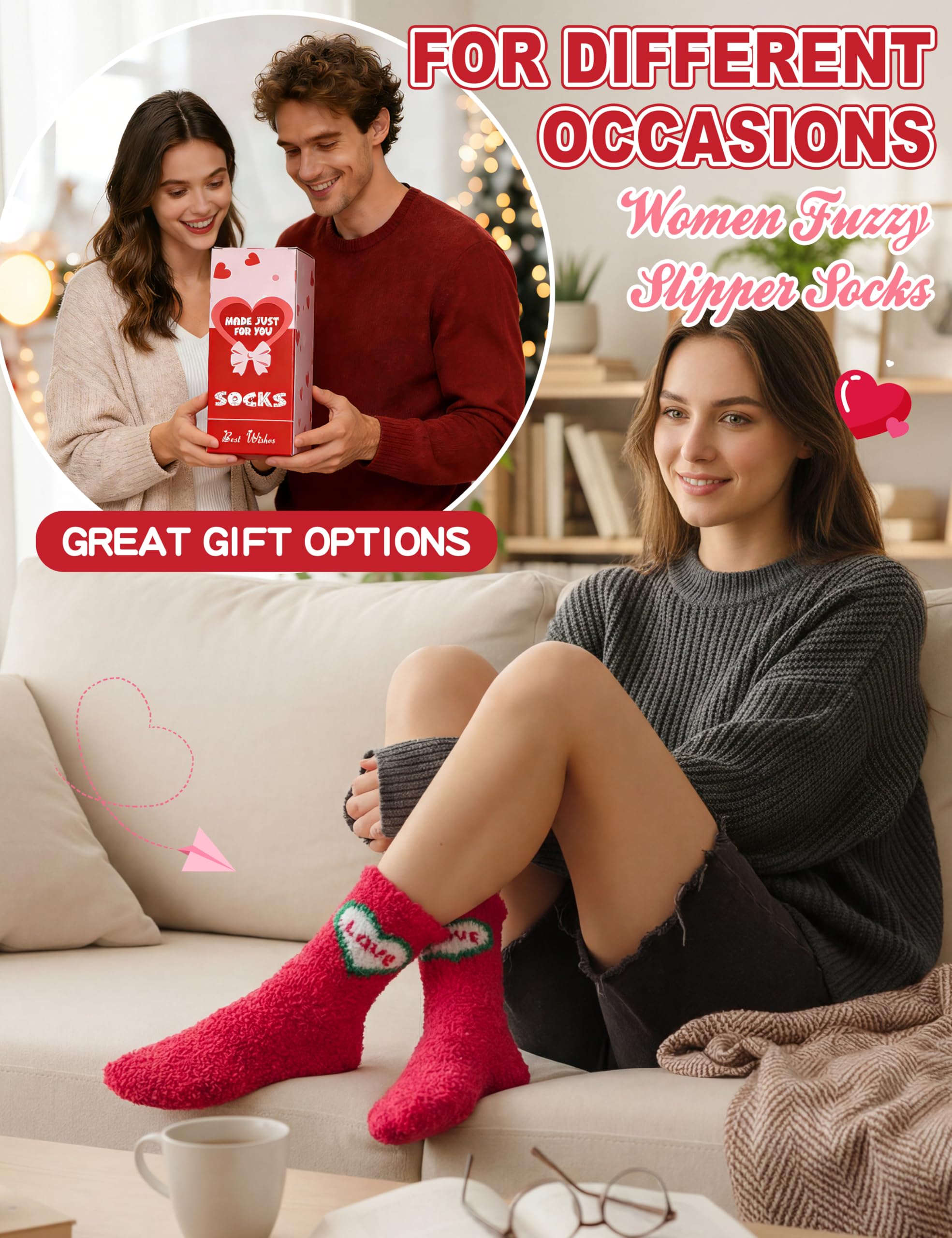 Womens Fuzzy Socks Warm Fluffy Cozy Winter Slipper Thick Fleece Heart Socks 5 Pairs