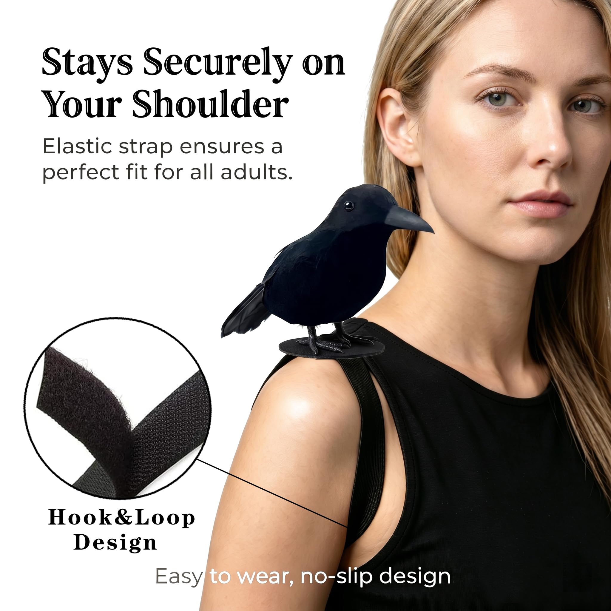 Black Feathered Crow Statue Crow on Shoulder with Elastic Strap for Outdoor Bird Props Halloween Cosplay Party