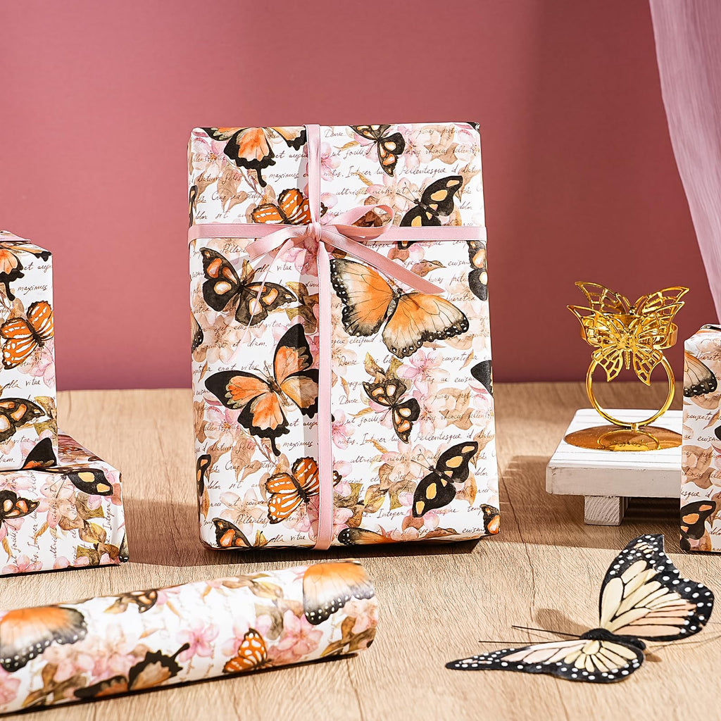 WRAPAHOLIC Kraft Floral Wrapping Paper Roll - Mini Roll - 17 Inch x 9.8 Feet - Spring Summer Garden Flower Design Perfect for Wedding, Bridal Shower, Birthday