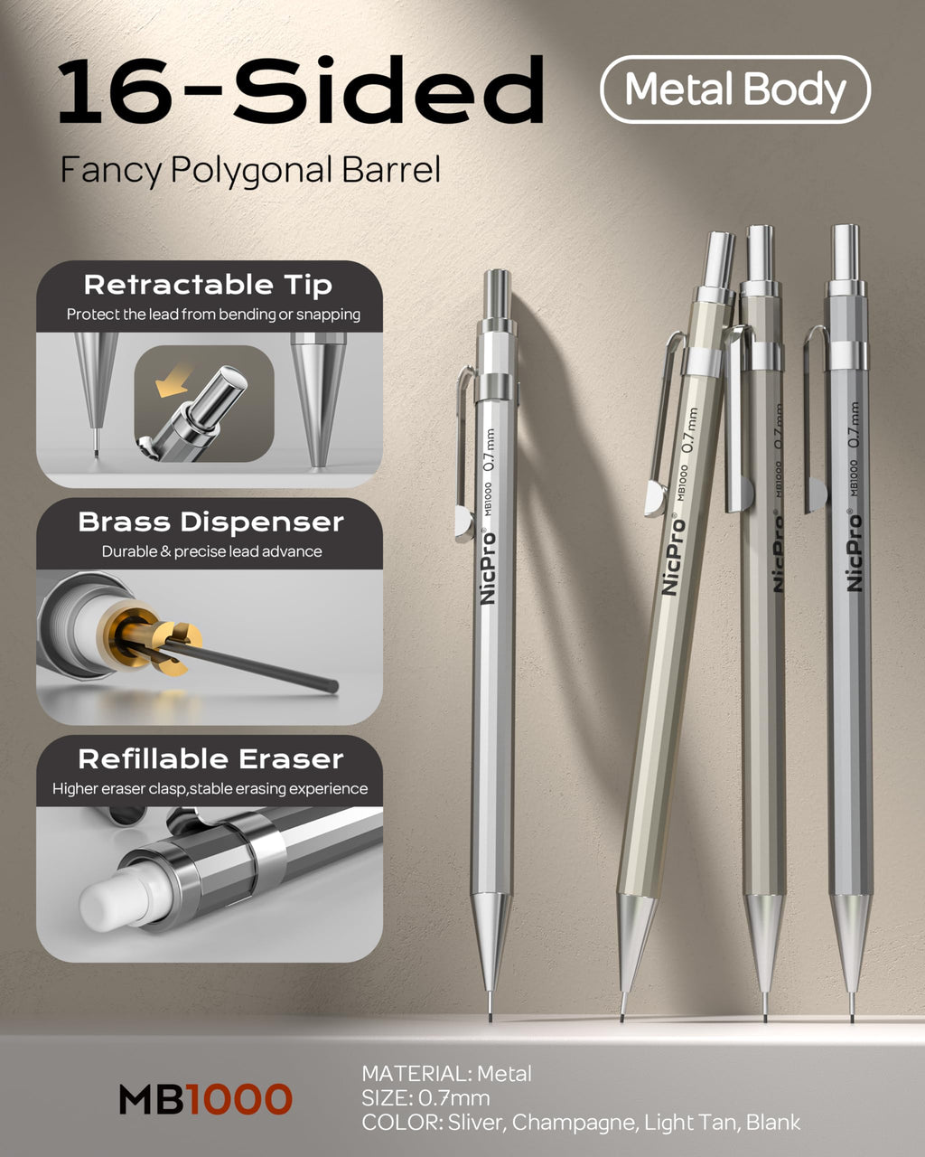 Nicpro 4 Pack Mechanical Pencil 0.7mm with Case, MB1000 Metal Mechanical Pencil Set with 6 Tube HB #2 Lead Refill 0.7 mm, 3PCS 4B Eraser, 9 Cap Eraser for Artist Drafting Writing, Sketching, Drawing