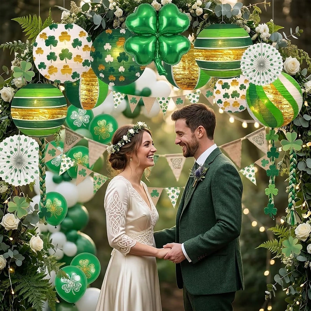 12 PCS Lucky Green Paper Lanterns, 8" Hanging Clover Decorations for Garden Party, Casino Night, The Lucky One Baby Shower, Irish Wedding & Spring Events, St. Patrick's Day