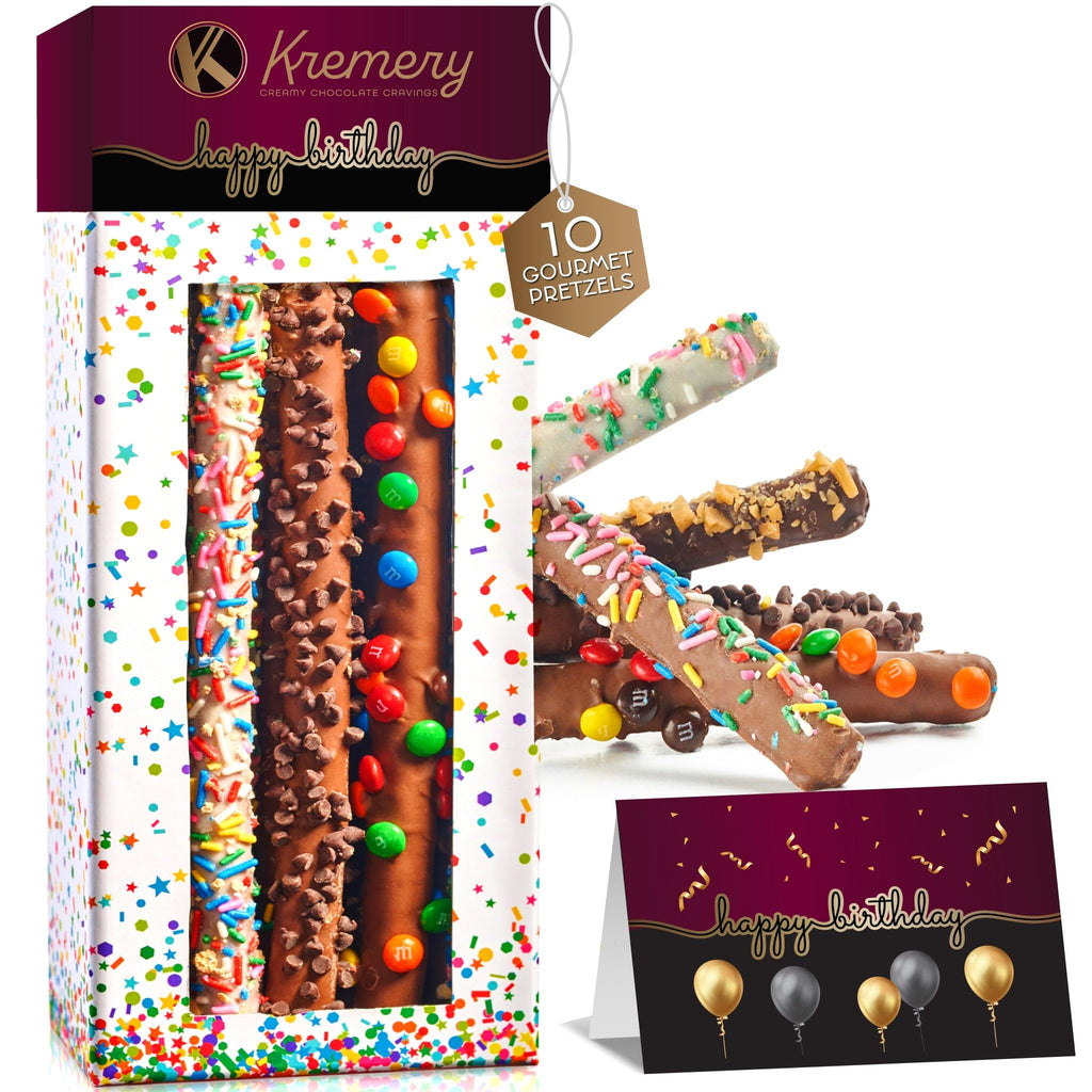 KREMERY Creamy Chocolate Cravings - Fathers Day Treats, Gift For Dad, Chocolate Covered Pretzel Rods Gift Basket with Candied Toppings (8 Pretzels) Sweet Treats in Clear Tube Kosher