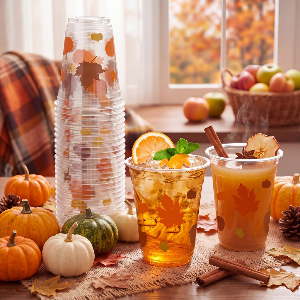 Uiifan 45 Pcs Fall Pumpkin Cups Bulk 16oz Fall Party Supplies Thanksgiving Disposable Plastic Drinking Cups Pumpkin Maple Leaf Decoration for Autumn Harvest Wedding Party Supplies