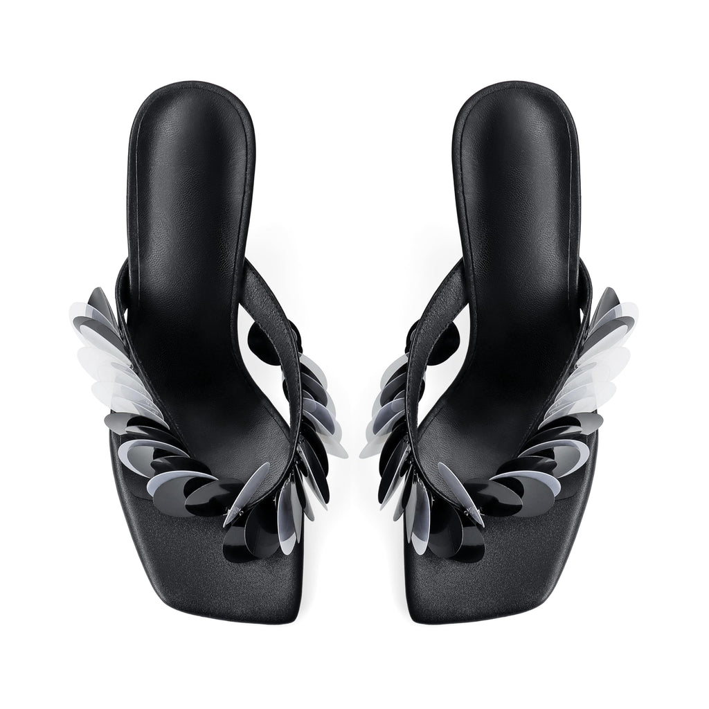 Flip Flop Heels for Women Square Open Strappy Heels Dressy Kitten Heeled Sandals with Plastic Disc Straps Comfortable Slip on Thong Slide