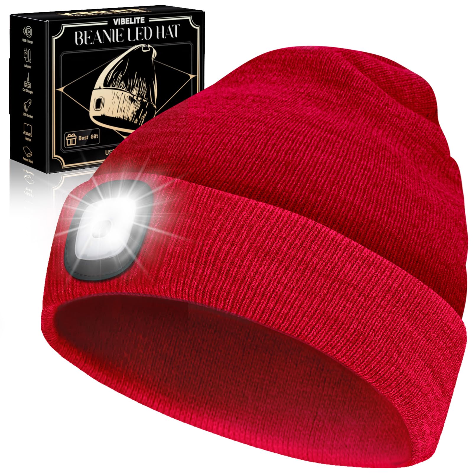VIBELITE LED Beanie Hat with Light, USB Rechargeable LED Headlamp for Hiking, Camping, Fathers Day Gift for Dad, Husband, Birthday Gifts for Men, Women, Dad Gifts from Daughter, Wife, Black