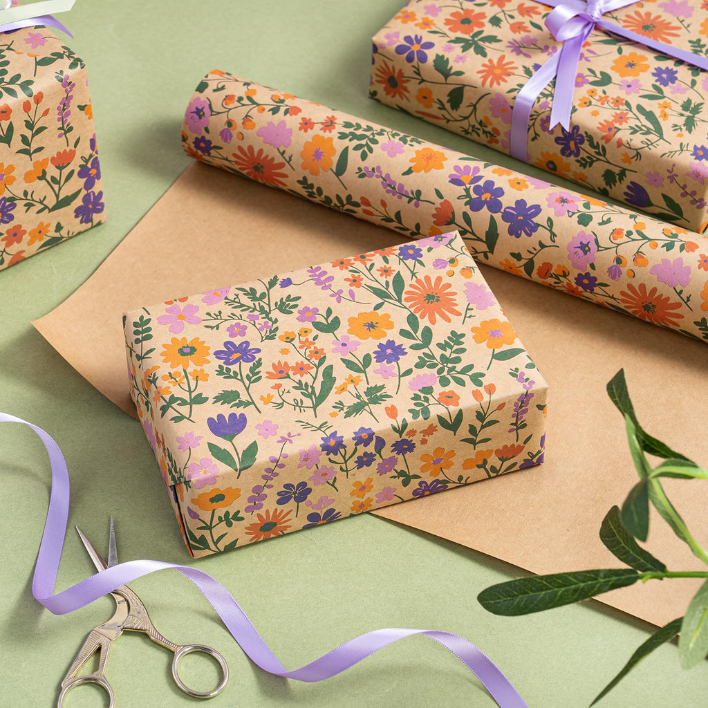 WRAPAHOLIC Kraft Floral Wrapping Paper Roll - Mini Roll - 17 Inch x 9.8 Feet - Spring Summer Garden Flower Design Perfect for Wedding, Bridal Shower, Birthday