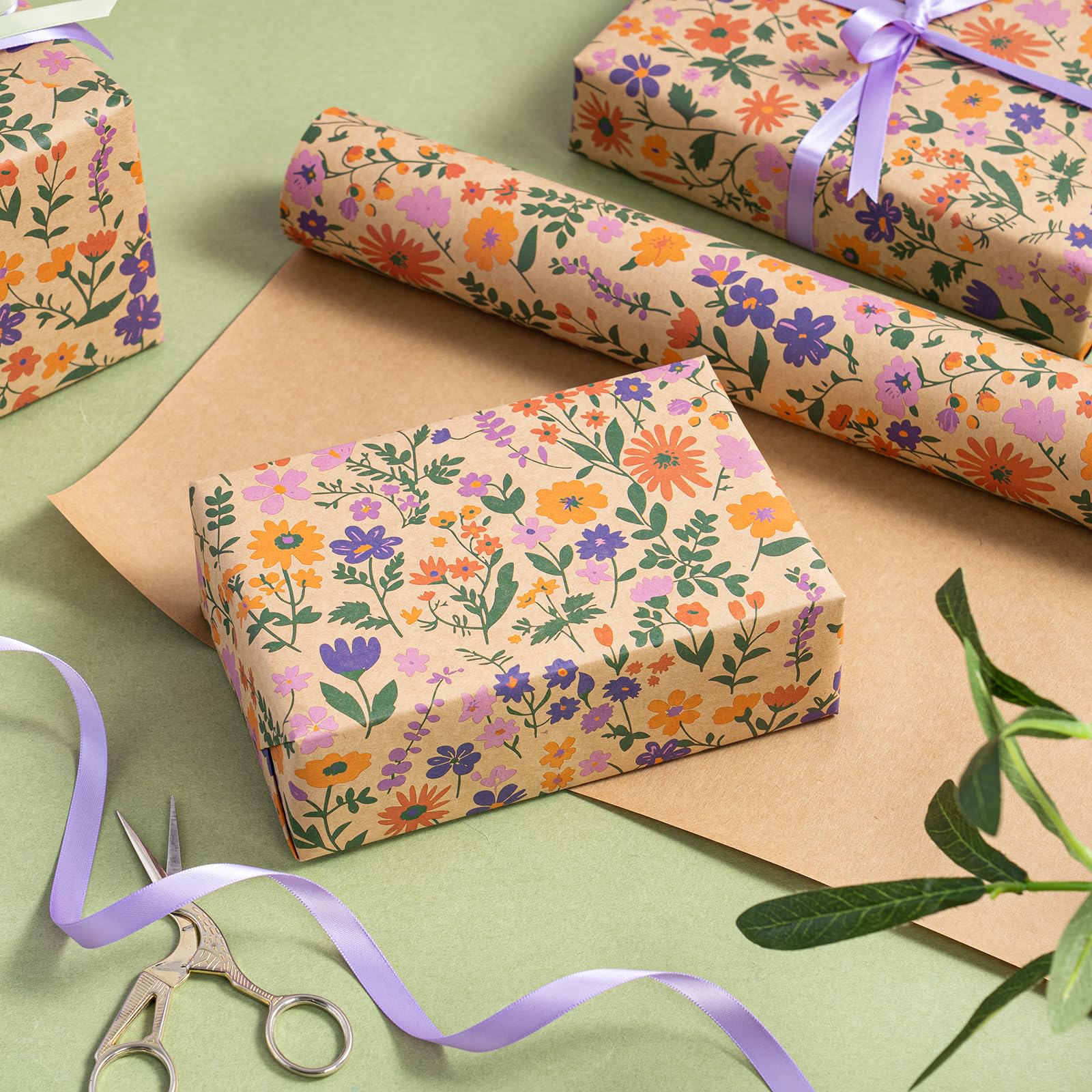 WRAPAHOLIC Kraft Floral Wrapping Paper Roll - Mini Roll - 17 Inch x 9.8 Feet - Spring Summer Garden Flower Design Perfect for Wedding, Bridal Shower, Birthday