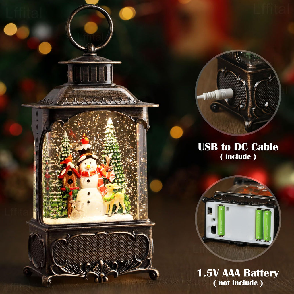 Snowman Christmas Snow Globe Lantern, Lighted Christmas Decorations for Home Candle Shaped Snow Lantern with Music Timer Glittering, Home Decor Festival Gife, USB & Battery Operated