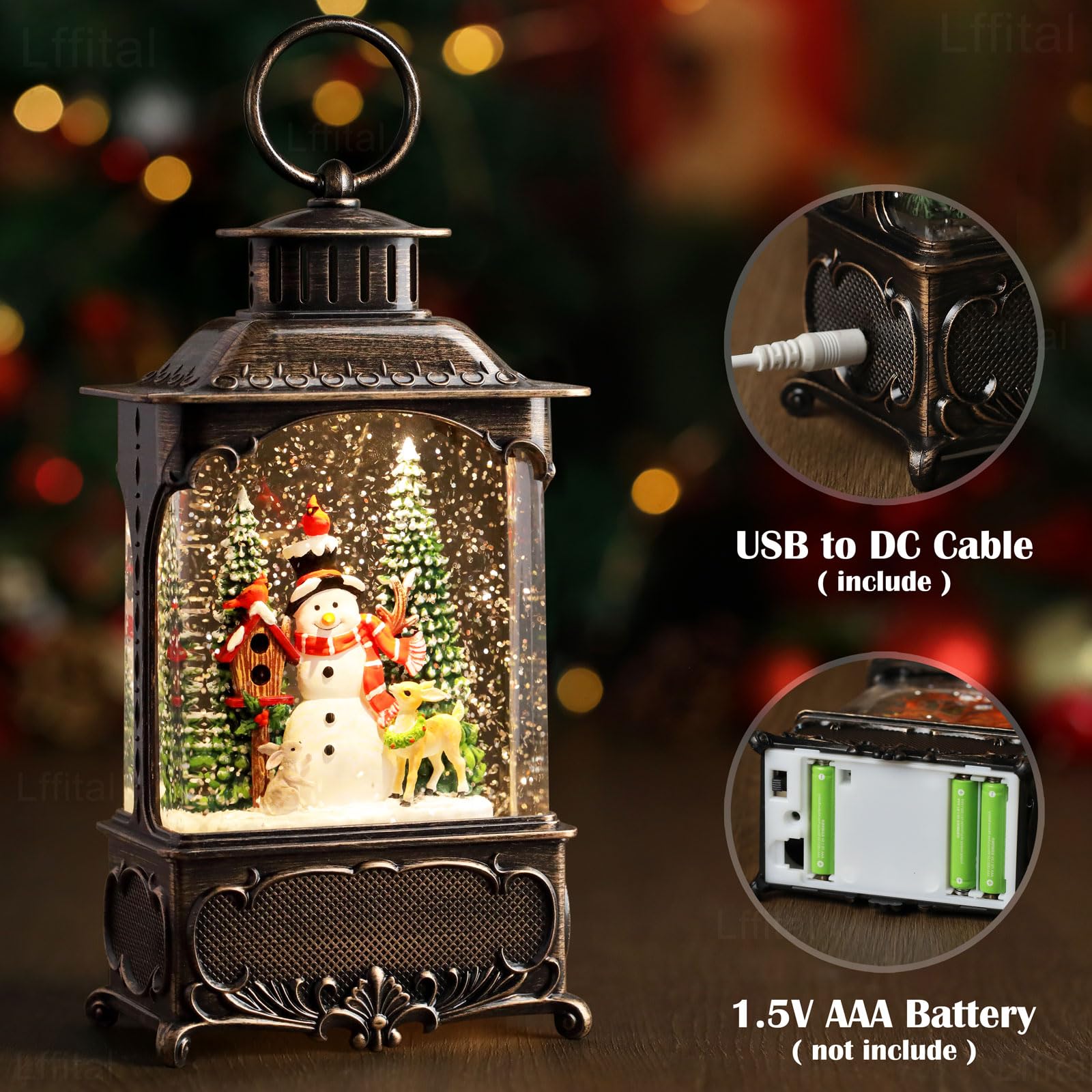 Snowman Christmas Snow Globe Lantern, Lighted Christmas Decorations for Home Candle Shaped Snow Lantern with Music Timer Glittering, Home Decor Festival Gife, USB & Battery Operated