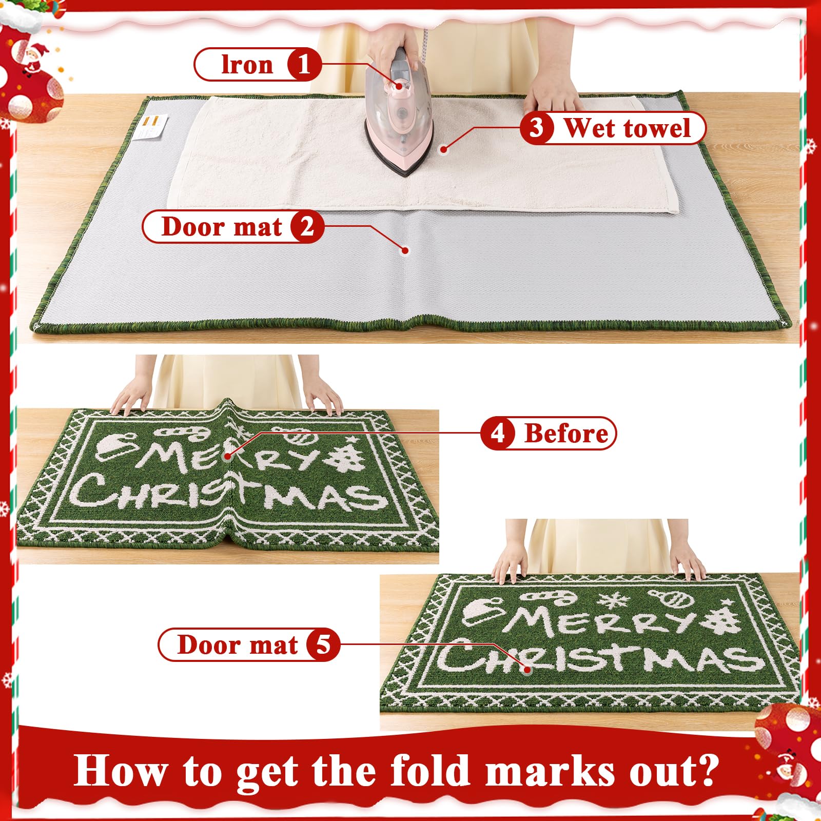 Ileading Christmas Entrance Door Mat, Absorbent Dog Mats for Muddy Paws, Low-Profile Small Red Xmas Decor Kitchen Runner Rug with Non-Slip Backing, Machine Washable Entryway Welcome Mat(Red 24"X36")