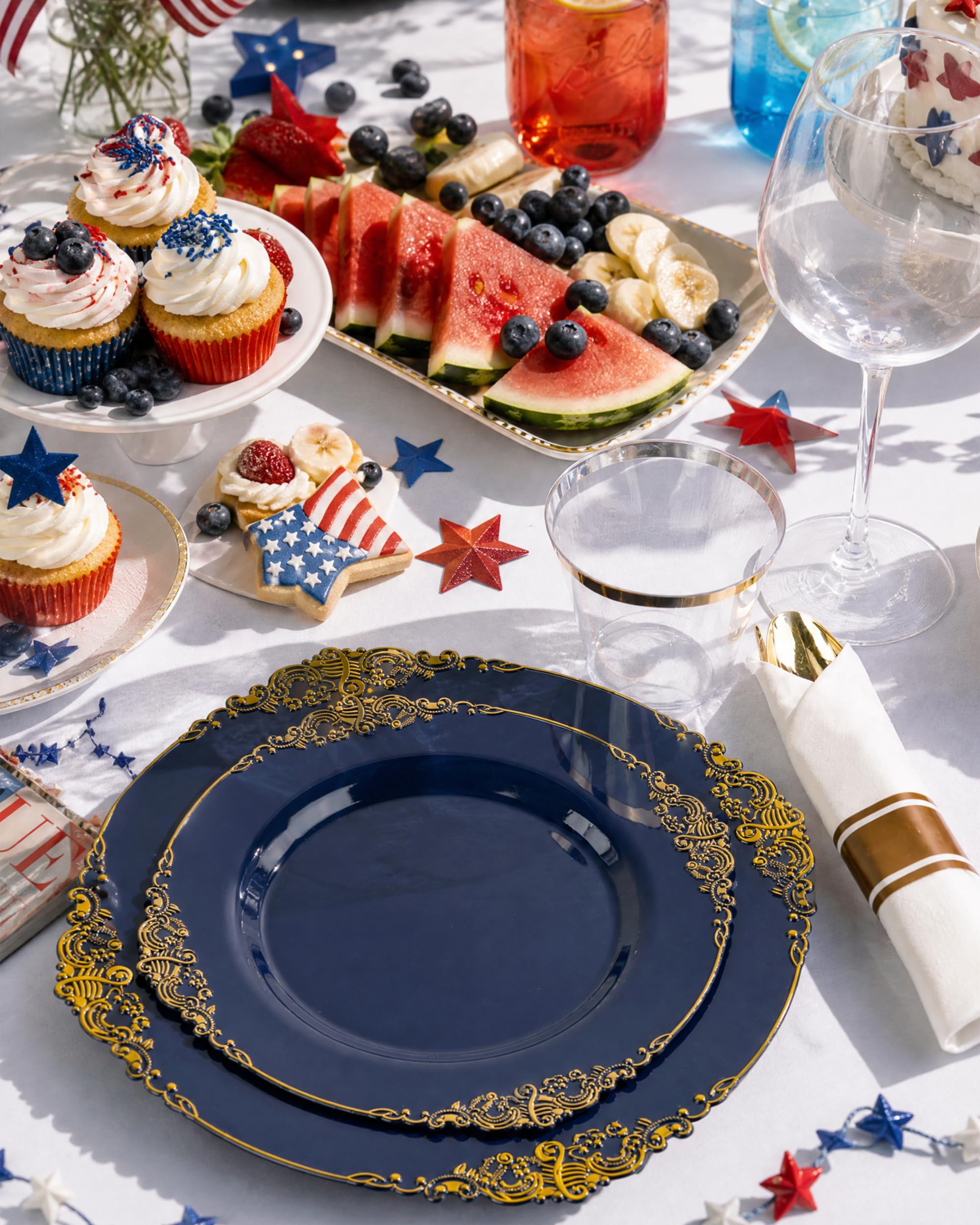 Nervure 175PCS Clear Blue Plastic Plates - Plastic Dinnerware Set Include 25Dinner Plates, 25Dessert Plates, 25Cups, 25Forks, 25Knives, 25Spoons, 25Napkins Perfect for Wedding & Party
