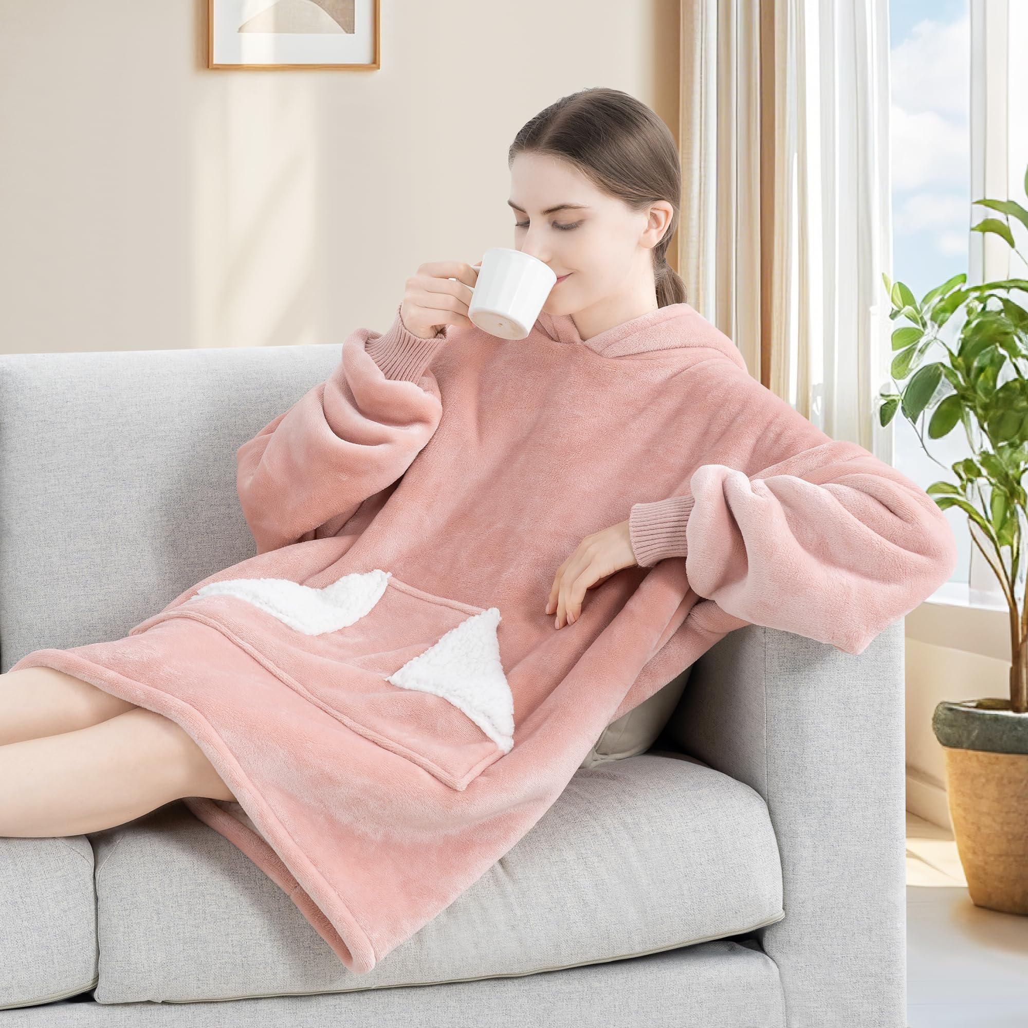 Touchat Wearable Blanket Hoodie, Oversized Sherpa Fleece Sweatshirt Blanket with Giant Hood Pocket and Sleeves for Adult, Warm & Cozy Grey Blanket Gifts for Women