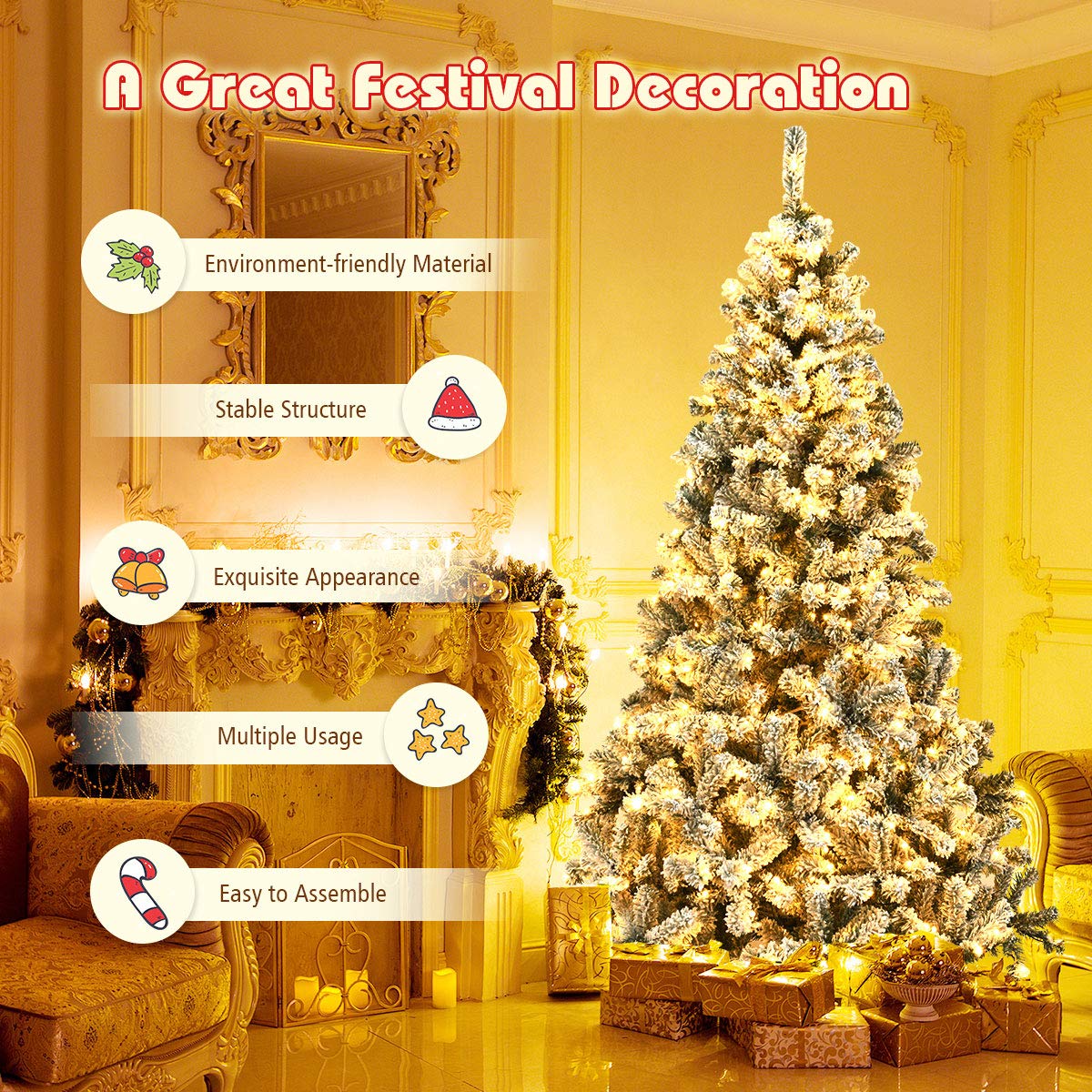 Goplus 7FT Pre-Lit Artificial Christmas Tree Auto-Spread/Close up Branches 11 Flash Modes with Multicolored 400 LED Lights & Metal Stand