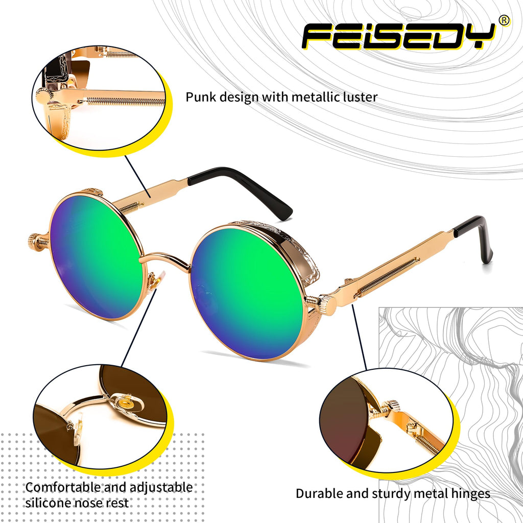 FEISEDY Retro Gothic Steampunk Sunglasses Round Metal Frame Punk Circle Inspired Shade Men B1857