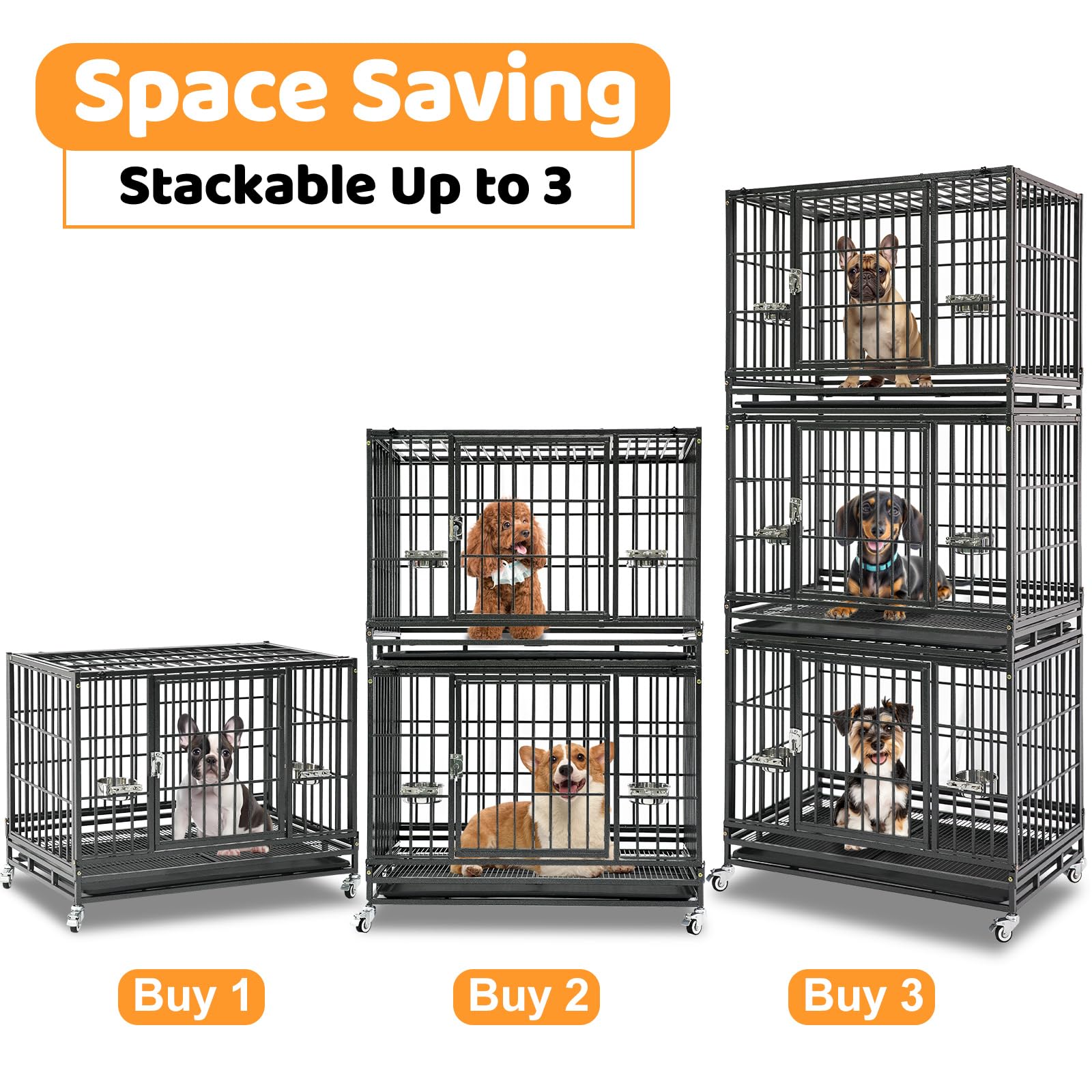 Homey Pet 37 Inch Heavy Duty Dog Crate for Medium Dogs, Stackable Dog Cage with Four Lockable Wheels, Removable Tray & Grid, Open Top, Escape Proof Dog Kennel Indoor