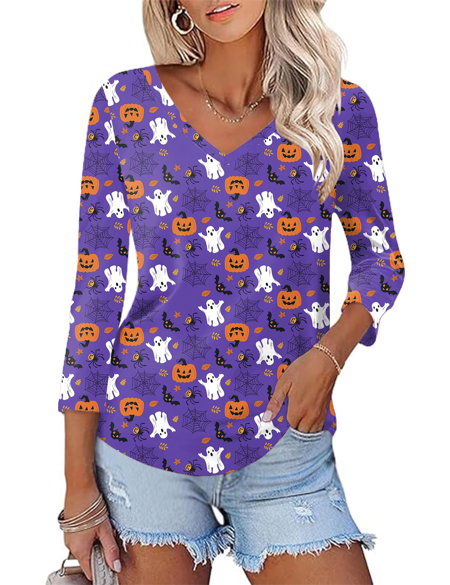 KTILG Women's V Neck T Shirts 3/4 Sleeve Blouse Summer Tops Dressy Casual Solid Basic Tees