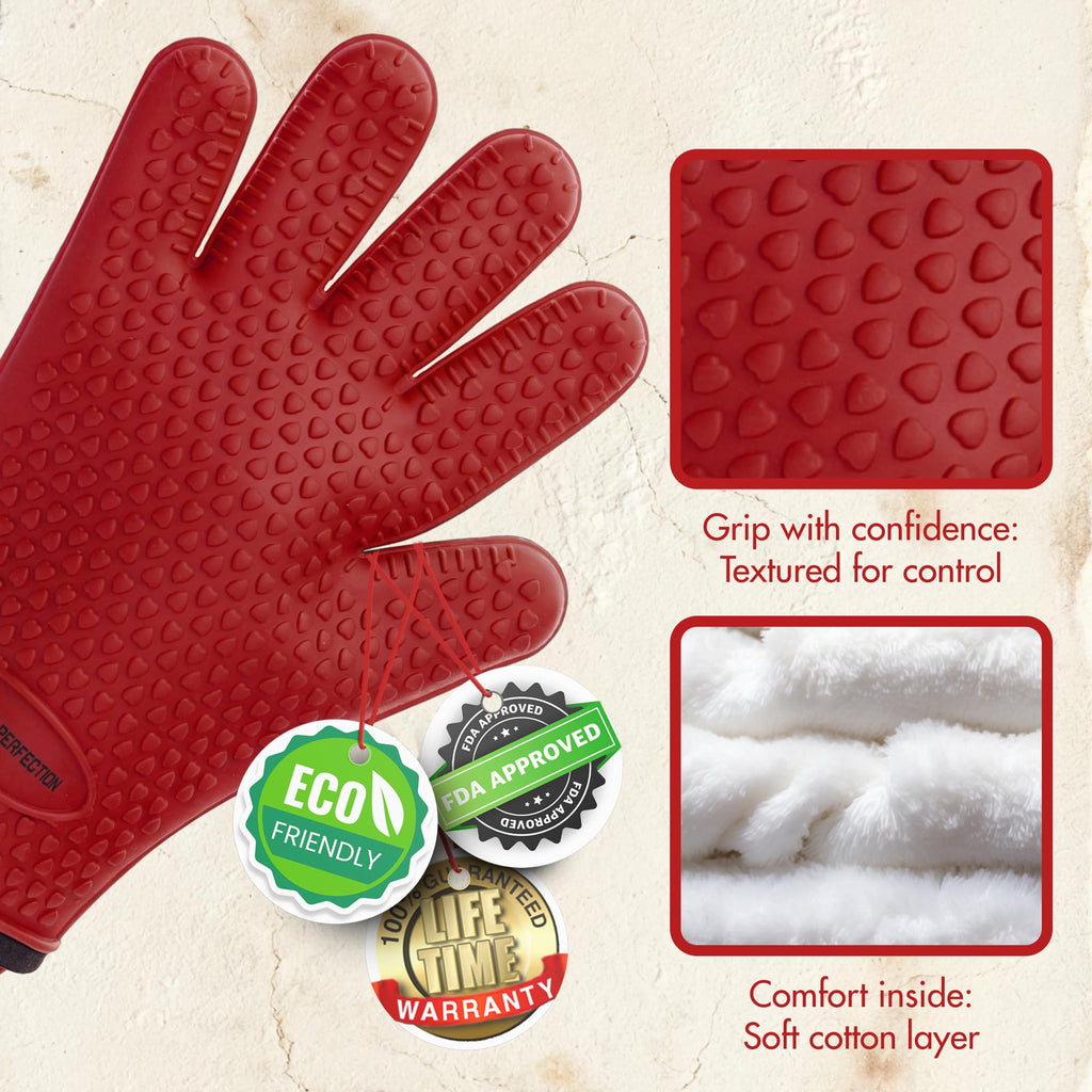 KITCHEN PERFECTION Silicone Oven & Griddle Gloves -Extreme Heat Resistant BBQ & Grilling Gloves -Handle Hot Food Right on Your Griddle |Waterproof Oven Mitts Grill Gloves |Superior Set+3 Bonuses