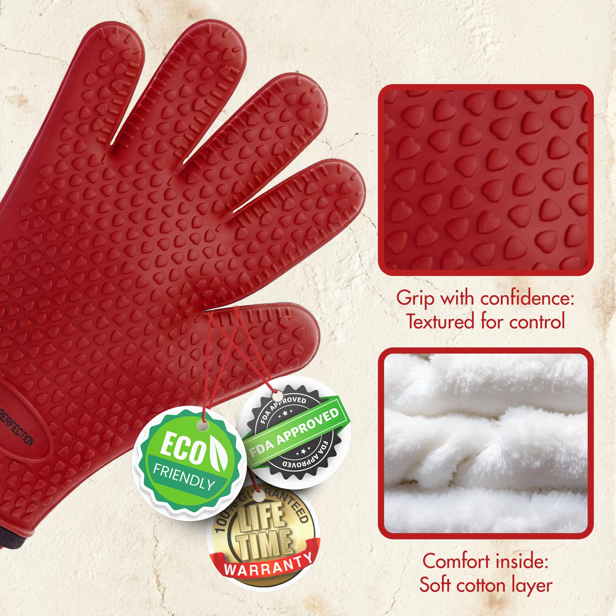 KITCHEN PERFECTION Silicone Oven & Griddle Gloves -Extreme Heat Resistant BBQ & Grilling Gloves -Handle Hot Food Right on Your Griddle |Waterproof Oven Mitts Grill Gloves |Superior Set+3 Bonuses