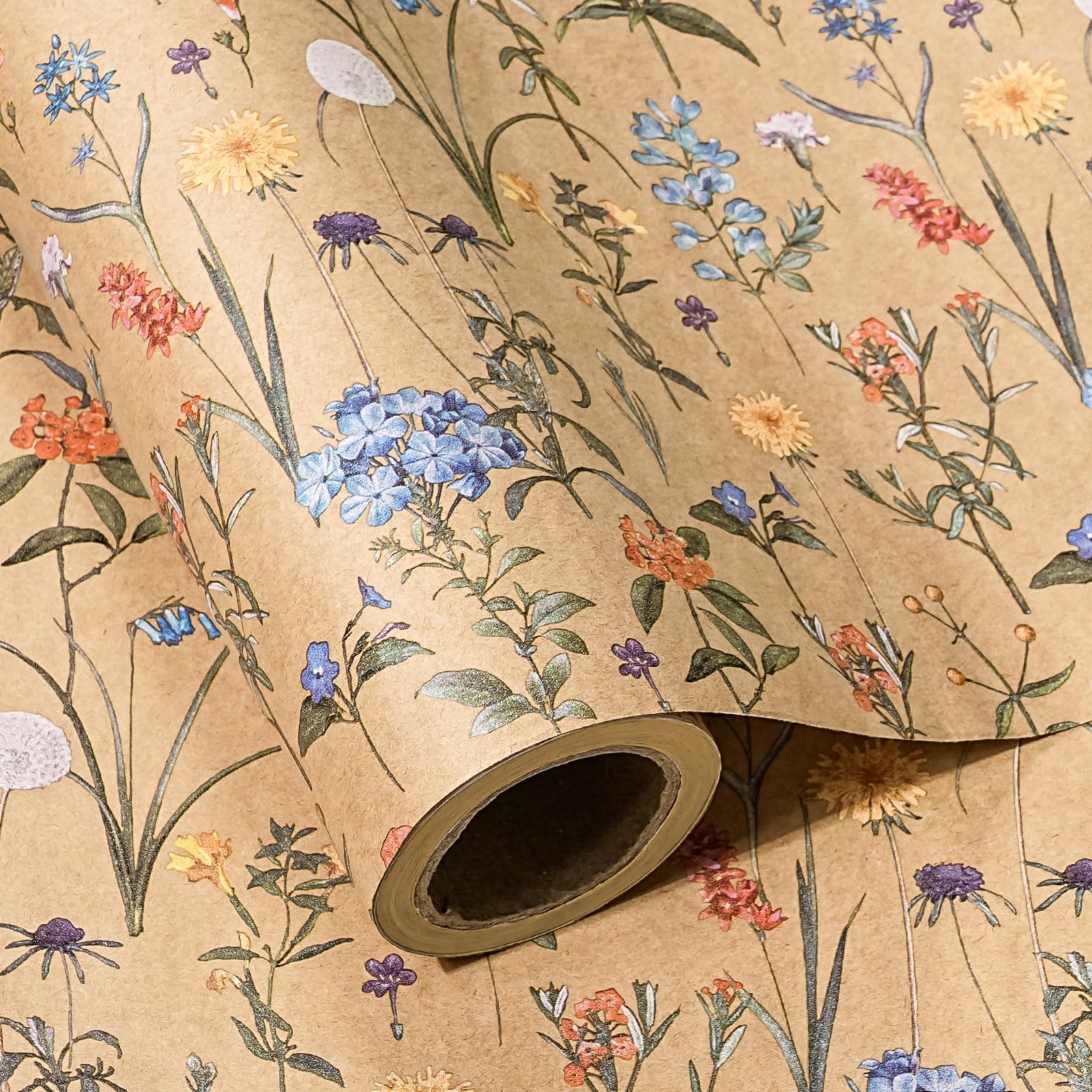 WRAPAHOLIC Kraft Floral Wrapping Paper Roll - Mini Roll - 17 Inch x 9.8 Feet - Spring Summer Garden Flower Design Perfect for Wedding, Bridal Shower, Birthday