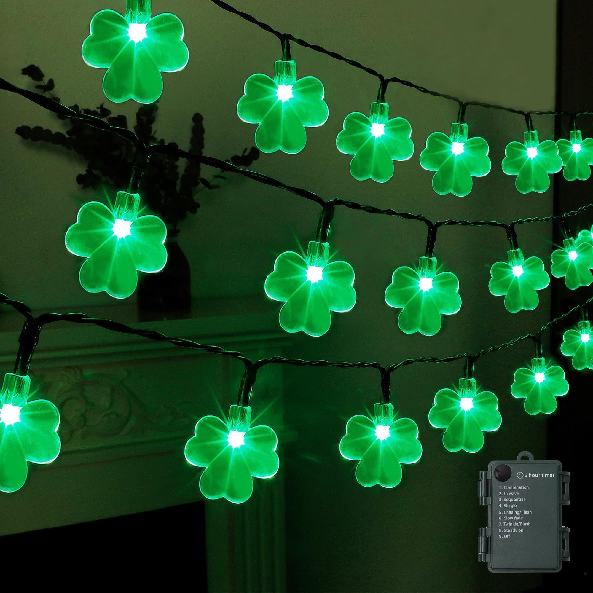 LJLNION St. Patricks Day String Lights Outdoor, 50 LED 16 FT Shamrocks Decorative Green Leaf Lights Battery Operated, 8 Lighting Modes & Timer, Waterproof for Home Garden Party Decoration, 2 Pack