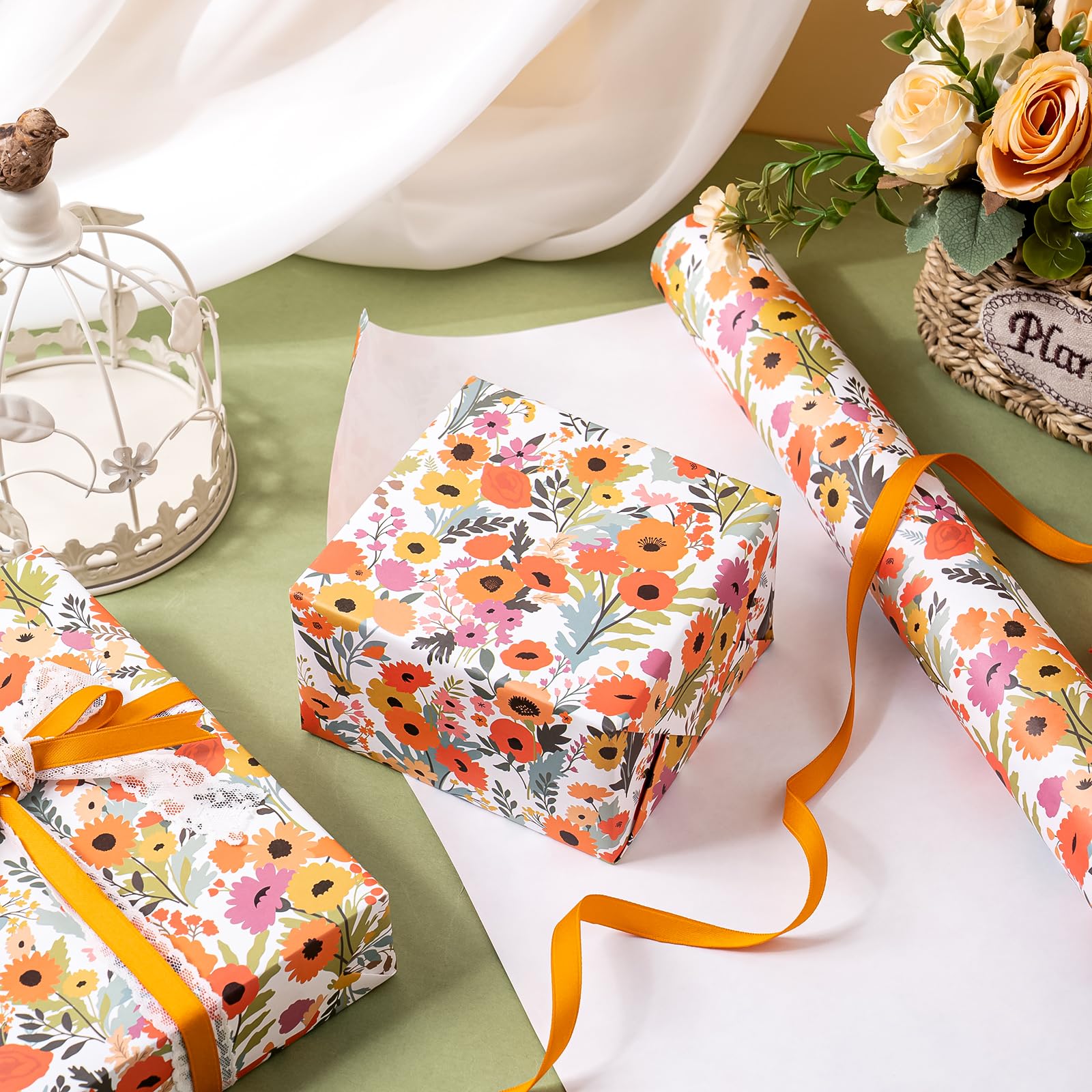 WRAPAHOLIC Kraft Floral Wrapping Paper Roll - Mini Roll - 17 Inch x 9.8 Feet - Spring Summer Garden Flower Design Perfect for Wedding, Bridal Shower, Birthday