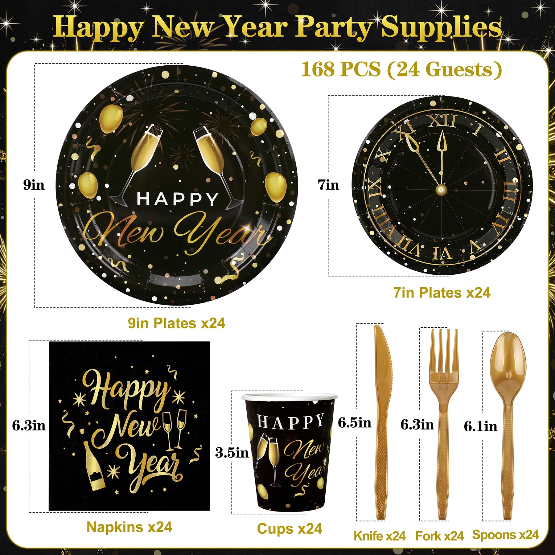168pcs Happy New Year Party Supplies, Black and White Paper Plates Napkins Cups and Transparent Gold Cutlery for 24 Guests, 2026 New Year Disposable Tableware Supplies for Party Decorations